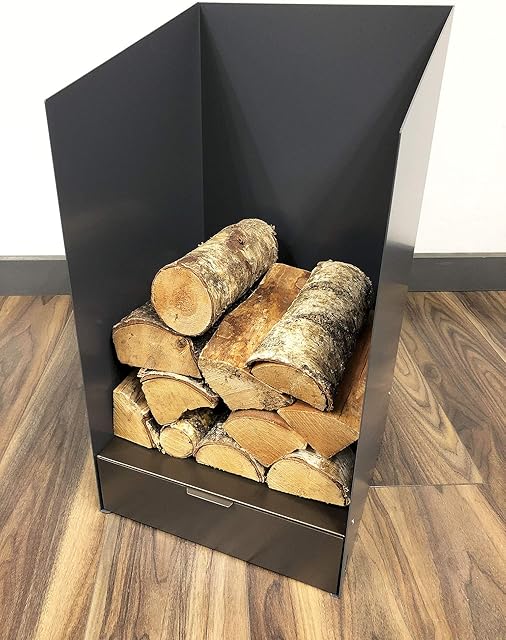 Volcann 65cm Tall Compact Steel Firewood Log Basket with Drawer - Fireplace Wood Holder Metal Store with Handheld, Storage for Indoor Woodstove, Fireside Accessories