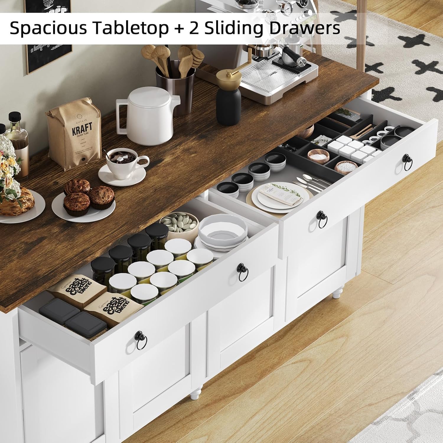 4 EVER WINNER Buffet Cabinet with Storage, 55'' Large Farmhouse Storage Cabinet with 2 Drawers and 4 Doors, Coffee Bar Cabinet with Adjustable Shelves for Kitchen, Dining Room, White