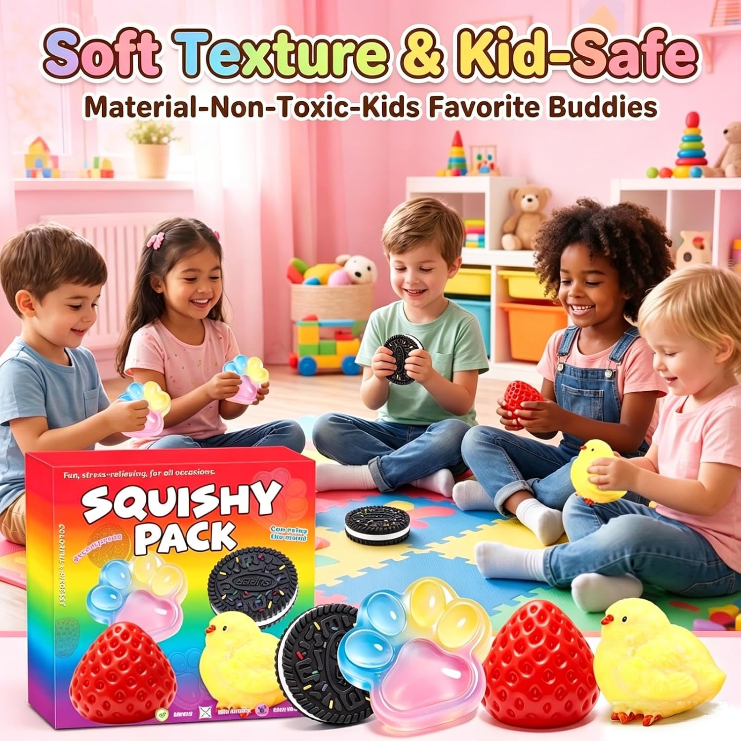 4Pcs Big Taba Squishy Fun Box Toys Kit Set, Including Strawberry Paw Chick Cookies, Stress Relief Squeezee Fidget Squishy Toys Pack, Cheap Squishies Party Favors Birthday Xmas Gifts for Kids Adults