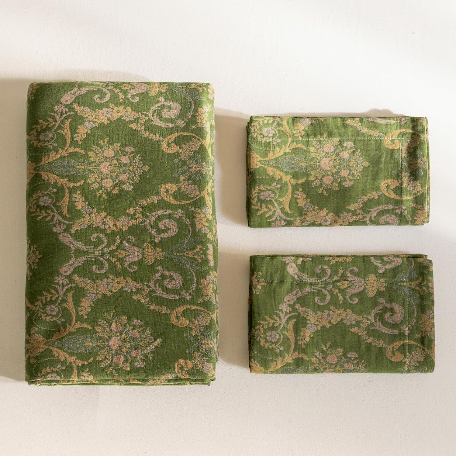 VM VOUGEMARKET Green Floral Duvet Cover Queen,3 Pieces Retro Boho Medallion Jacquard Flower Bedding Set,Linen Cotton Yarn-Dyed Textured Reversible Duvet Cover with Zipper Closure