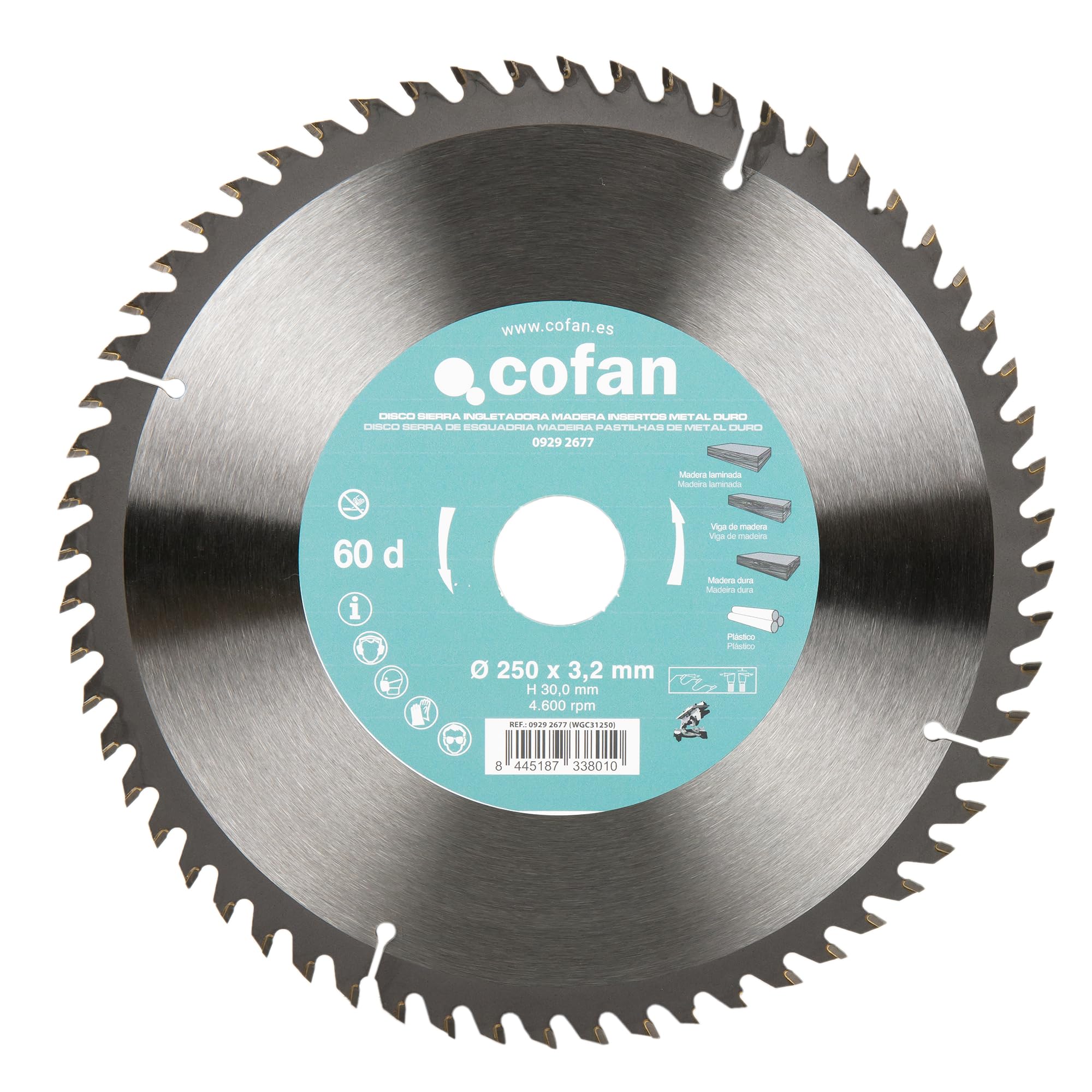 Cofan Hoja de sierra ingletadoraa | 60 dientes | Adecuado para madera dura, plástico y madera laminada | Insertos de metal duro | 250 x 30 mm | Grosor del disco: 3,2 mm