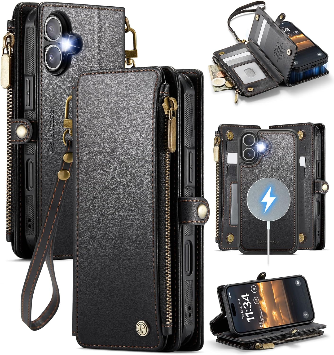 defencase for iphone 17 magnetic wallet case compatible with magsafe with rfid blocking zipper pocket & card holder for women men pu leather strap detachable case for iphone 17 (6.3 inch), black (detachable with magsafe)-black