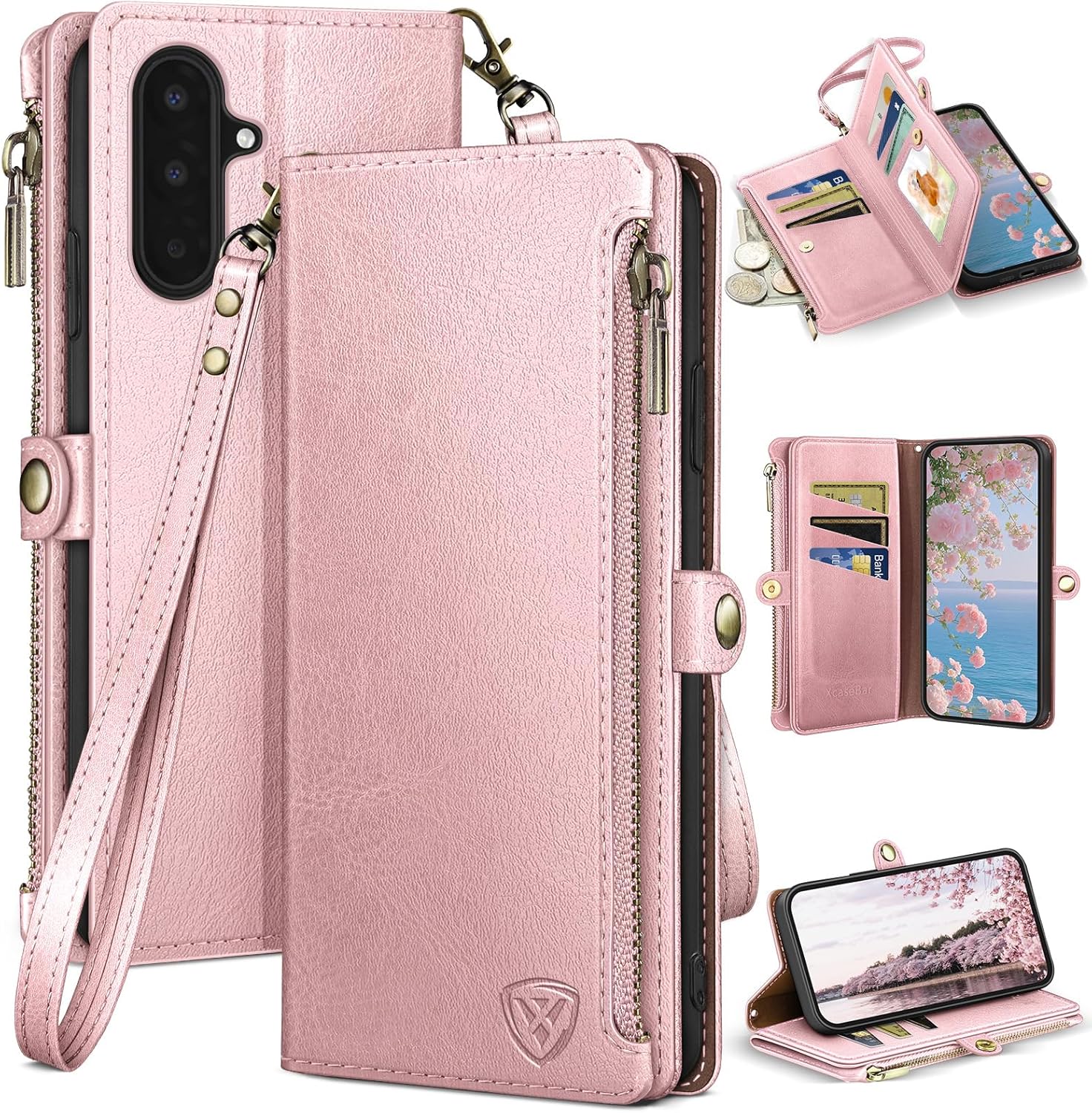 XcaseBar compatible with ‌Samsung Galaxy A17 5G Wallet case with Zipper Credit Card Holder【RFID Blocking】,Flip Folio Book PU Leather Phone case Shockproof Cover Women Men for SamsungA17 case Rose Gold