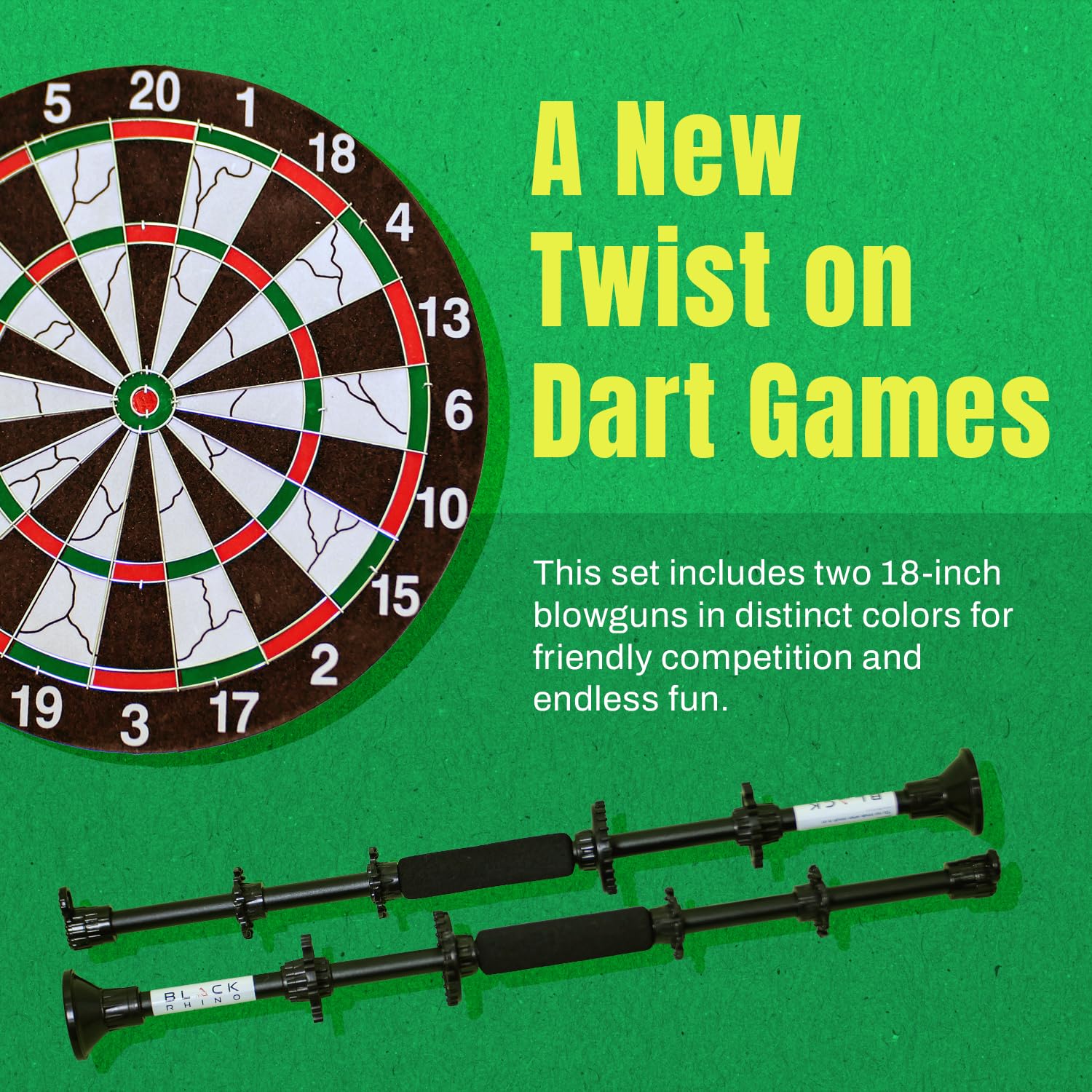 Black Rhino 2 Piece Blowgun and Dart Board Game Set - Double-Sided Dart Board with Color-Coded Blow Darts, Shooting Fun for Family and Friends