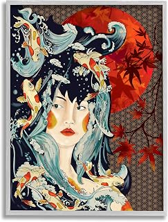 Stupell Industries Regal Female Abstract Portrait Geometric Pattern Koi Fish Grey Framed Wall Art, 24 x 30, Multi-Color