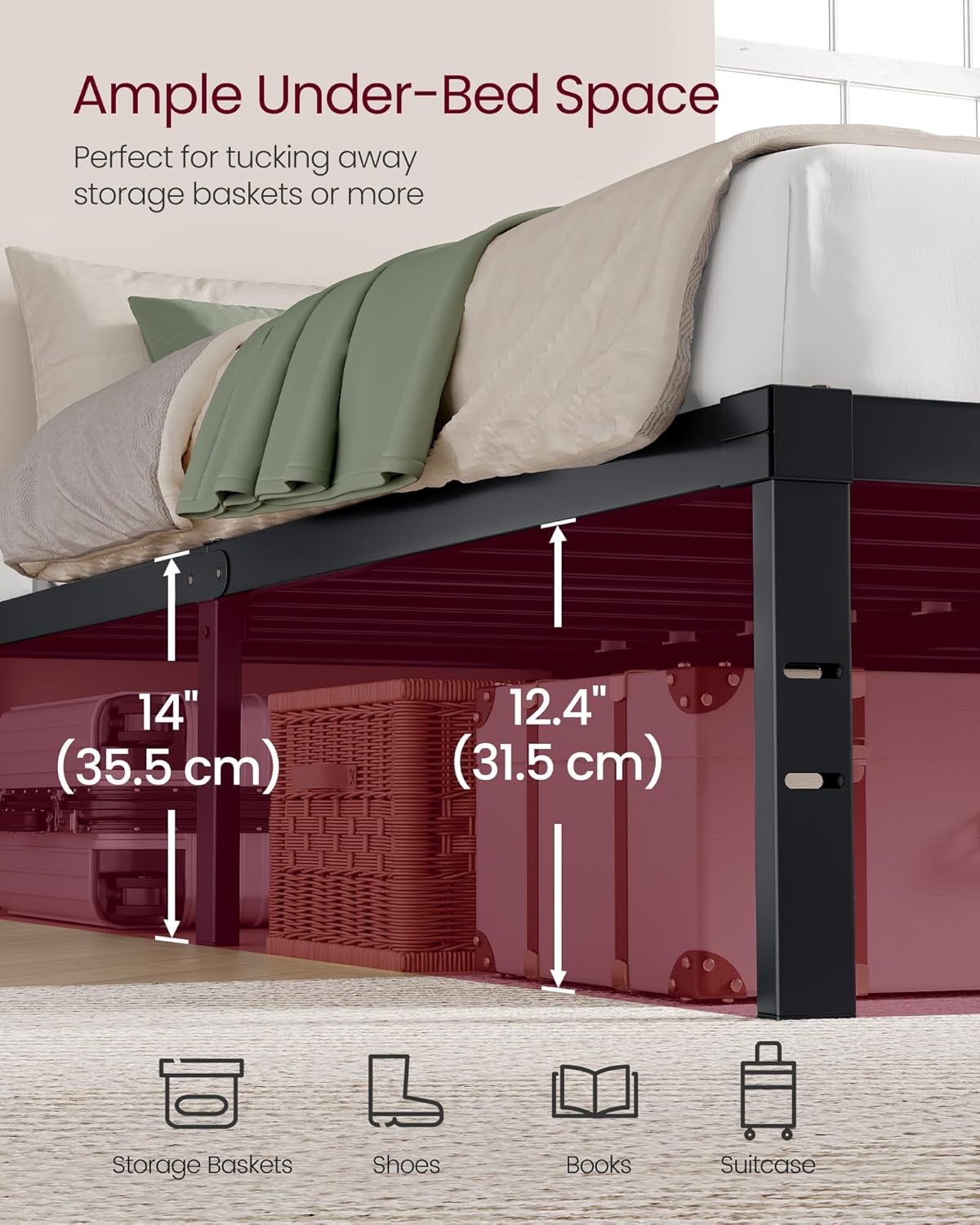 VASAGLE King Metal Bed Frame 14 Inches Tall, 1100 lb Weight Capacity, No Box Spring Needed, with Under-Bed Storage, Easy Setup, Heavy-Duty Platform Bed, Mattress Retainers, Matte Black URMB654BD02S
