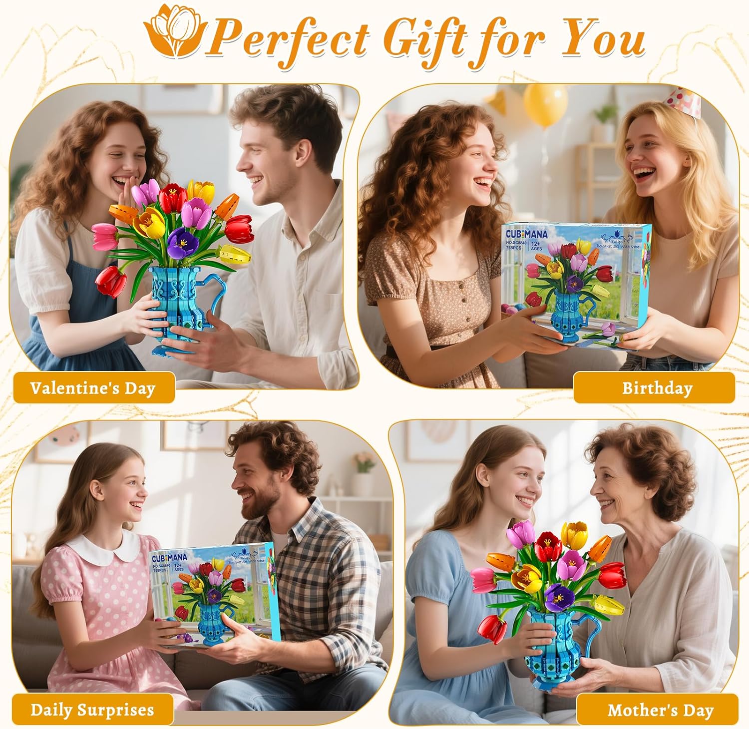 CUBIMANA Flower Bouquet Building Set with Vase - Botanicals Tulip Bonsai Building Toy for Adults Women, Gift for Mothers Day, Artificial Flowers for Her, 768 PCS Crafting Kit for Home & Office Decor