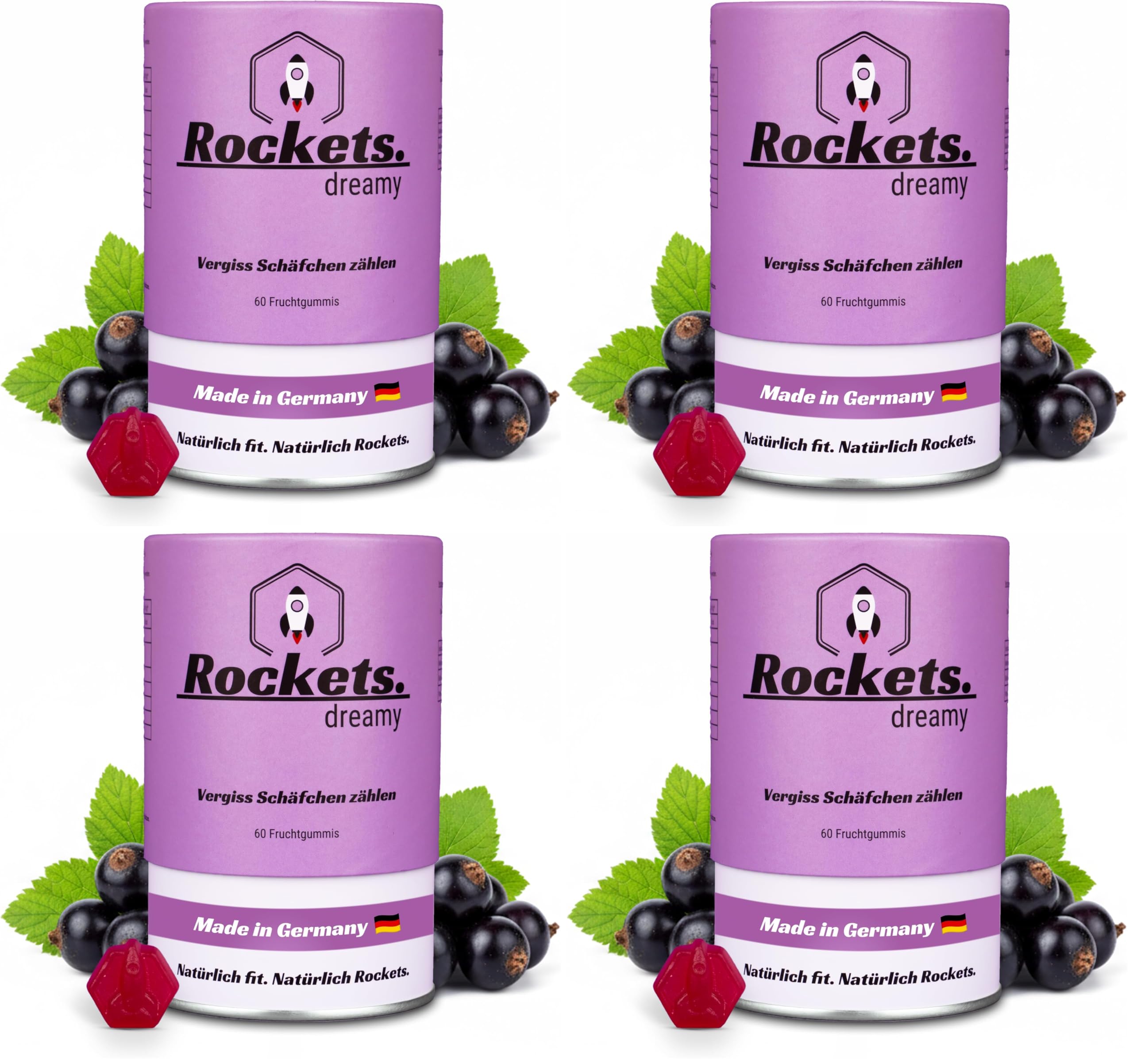 Rockets Dreamy Melatonin-Gummibärchen | Lila Gummis mit Melatonin, Baldriansaft & Vitamin B6 | 60 Stück (Monatsvorrat) | Vegan & Zuckerarm | Made in Germany, Laborgeprüft (Packung mit 4)