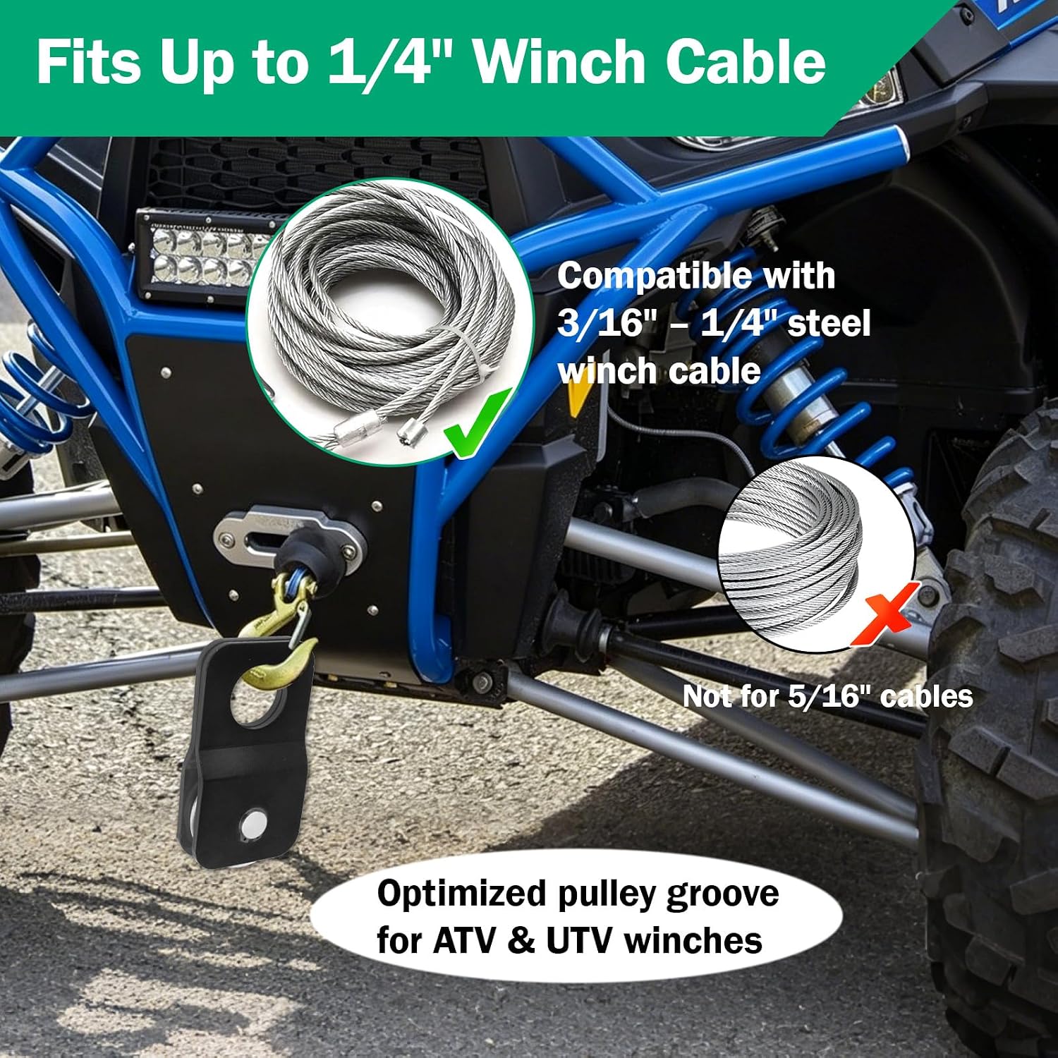 8000 lb Winch Snatch Block Pulley (4 Ton) – Heavy Duty Steel Recovery Pulley for ATV UTV Truck Off-Road, Smooth 54 mm Pulley Wheel, Fits 3/16"–1/4" Winch Cable