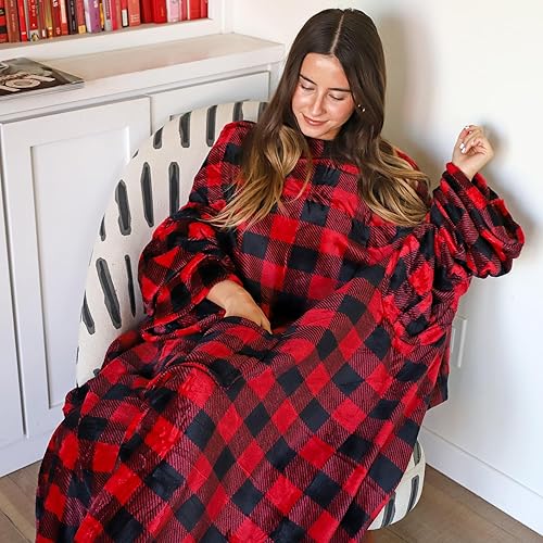 Miniatura 7 de Tirrina Cobija afelpada con mangas para hombres y mujeres adultos, cobija muy suave y cómoda de felpa para ver televisión, manta para salón, sofá,