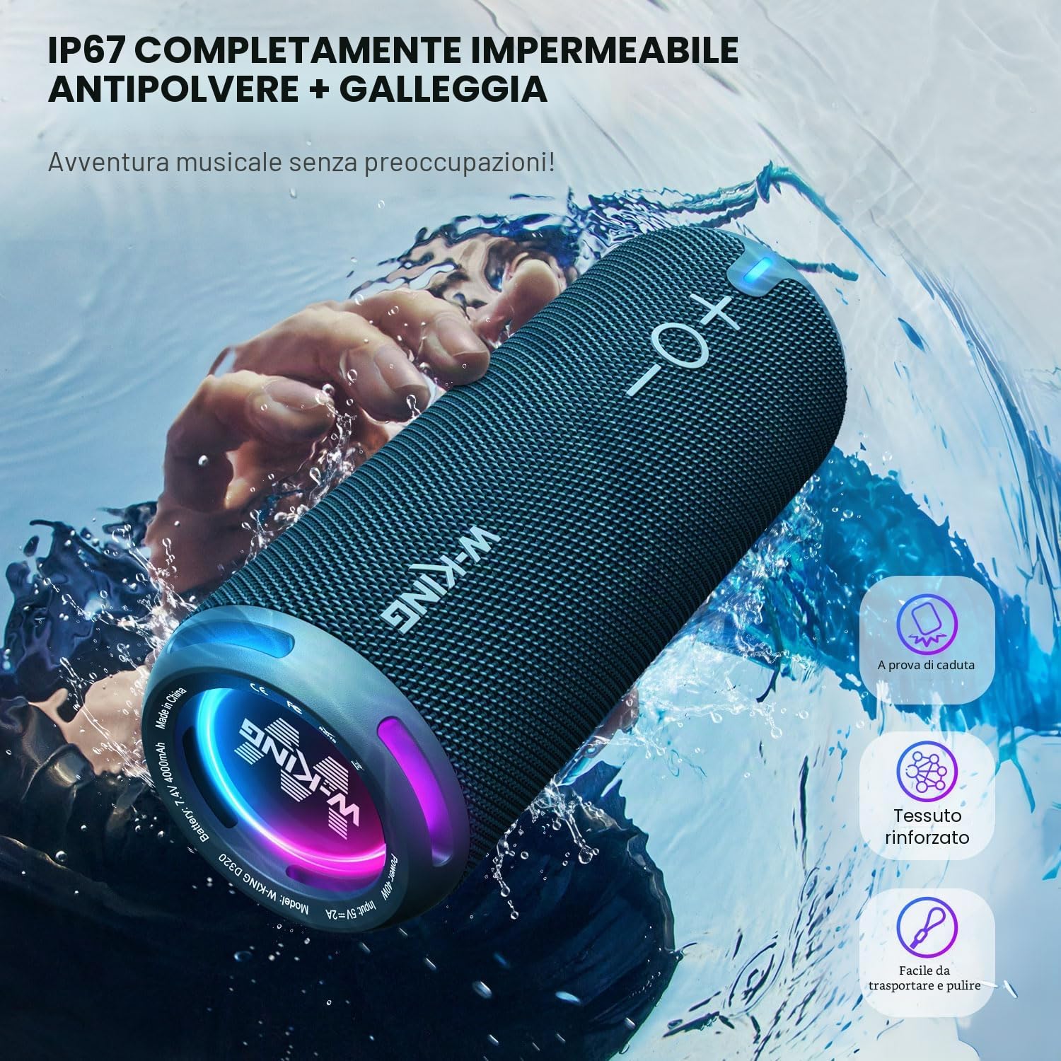 W-KING Cassa Bluetooth Potente Portatile, 40W Altoparlante Speaker Bluetooth Impermeabile IP67, APP EQ Personalizzata/Bassi Profondi, Audio Stereo 360° da Con Luci/V5.3/DSP/24H/TF/AUX,Per Doccia,Party