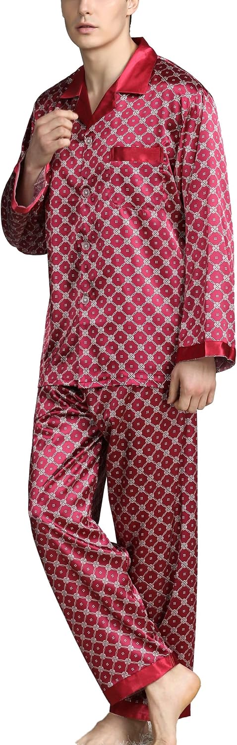 UNINUKOO Mens Pajamas Set Silk Long Sleeve Sleepwear Satin Button-Down Pjs for Men Two-piece Loungewear