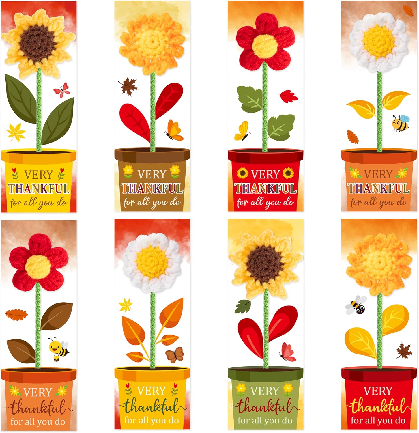 K1tpde Thanksgiving Gift Card with Flower Crochet Bookmarks - 8PCS DIY Fall Thankful Flowerpot Greeting Card with Flower Crochet Handmade Craft for Kids, Thank You Gift for Teacher Women Book Lover