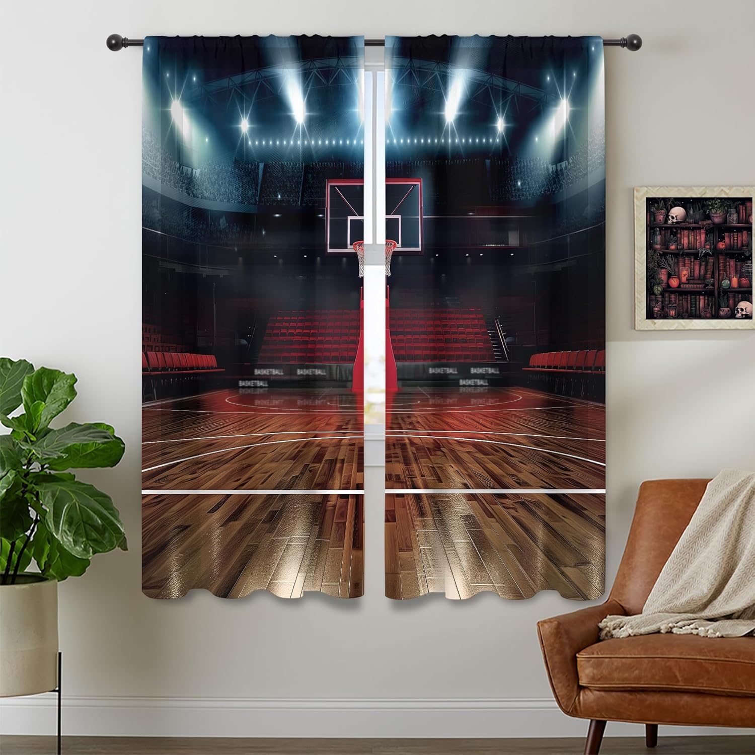 Cinbloo Men Basketball Semi-Sheer Curtains Rod Pocket Sport Theme Ball Court Arena Stadium Field for Teen Boys Bedroom Decor Game Competition Living Room Window Drapes Fabric 2 Panels 41W x 62L Inch