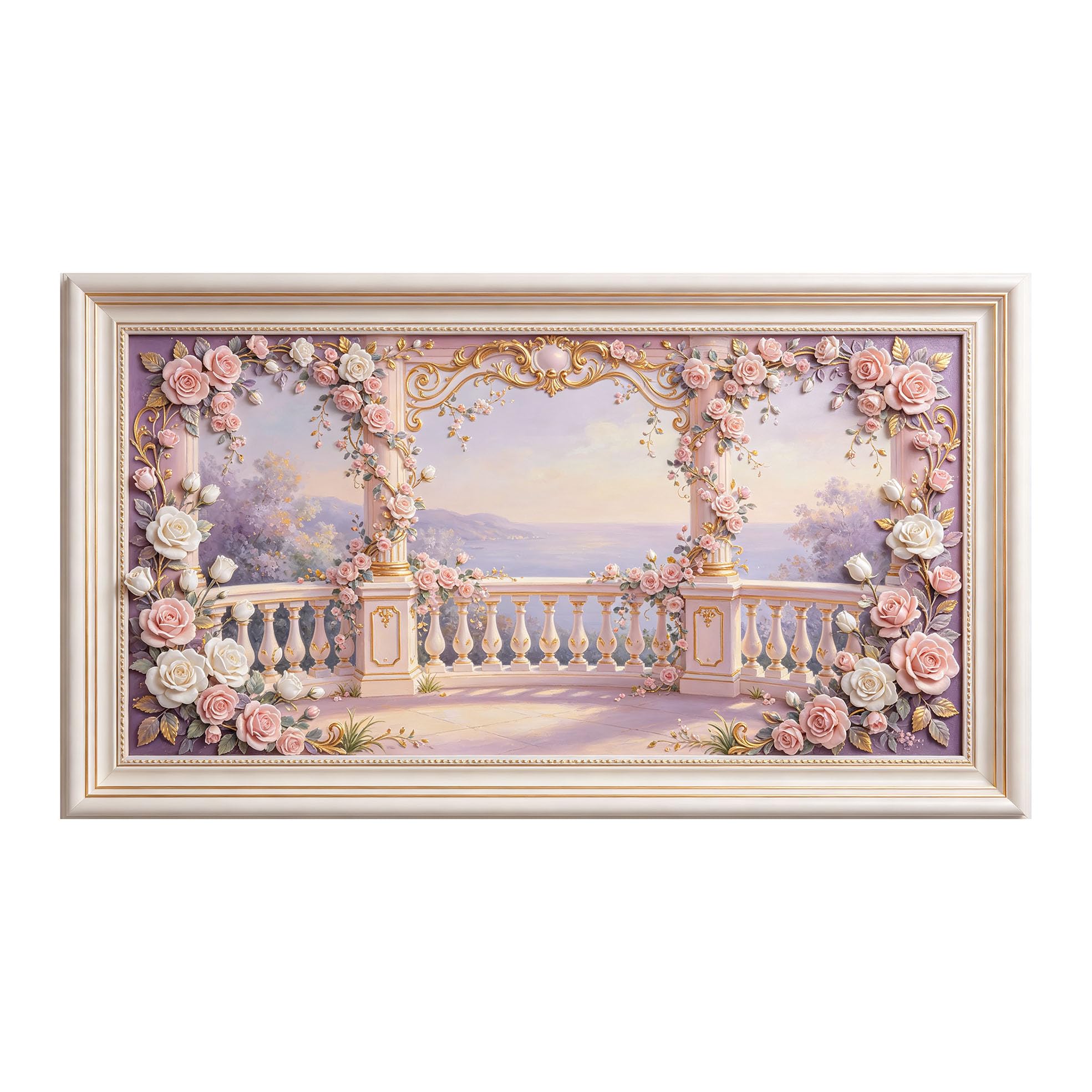 Yzpallescene 3D 3D Framed Wall Art 50cm×90cm Romantic Provence Floral Balcony Seascape Large Size SelfAdhesive Removable Wall Decor Prints Artwork for Living Room Bedroom Office