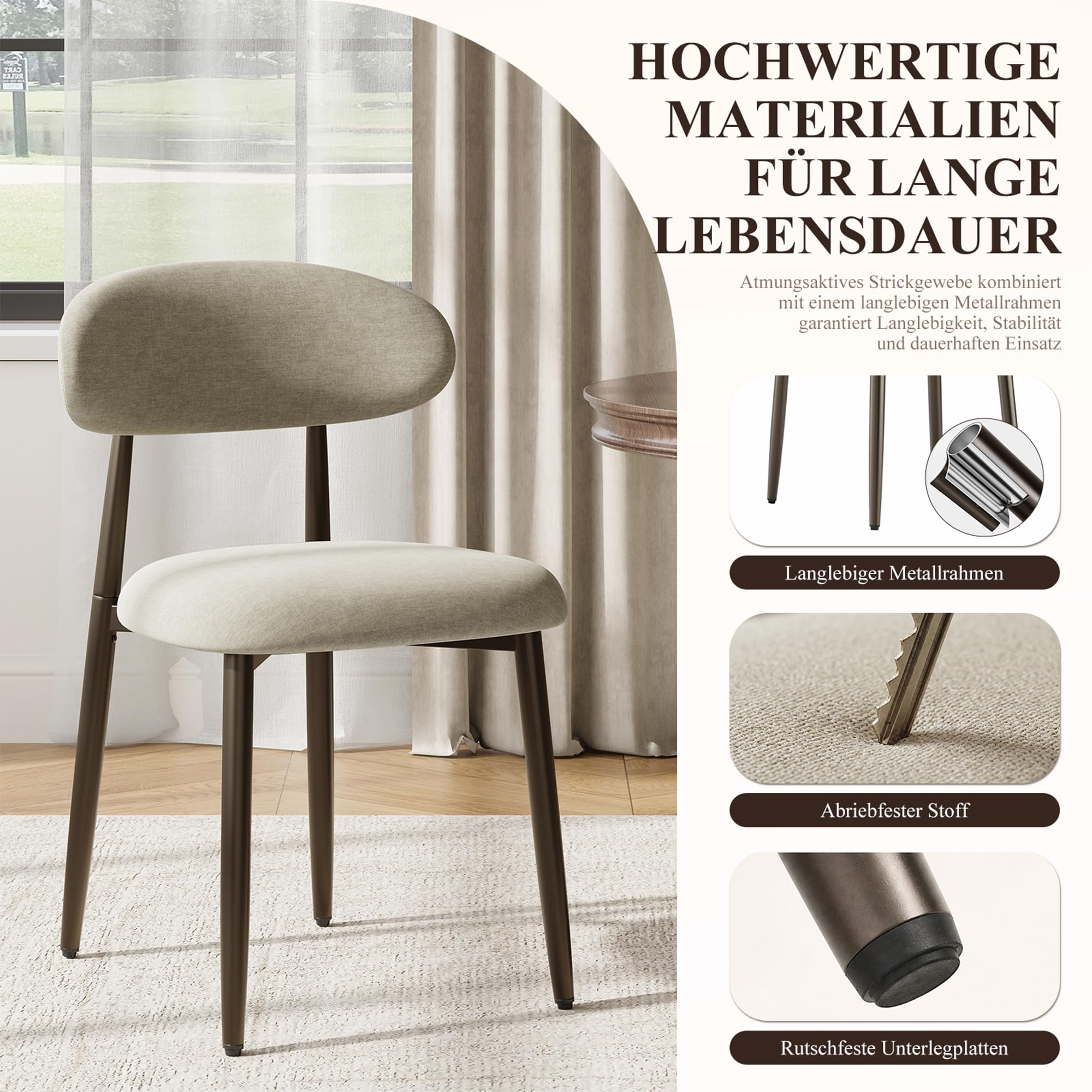 MALOL Esszimmerstühle 4er Set, Gepolsterte Stühle Esszimmer, Küchenstühle, Esstisch Stühle mit geschwungener Rückenlehne & Metallfüßen, moderne Stoffstühle für Küche, Wohnzimmer und Gastronomie, Kamel