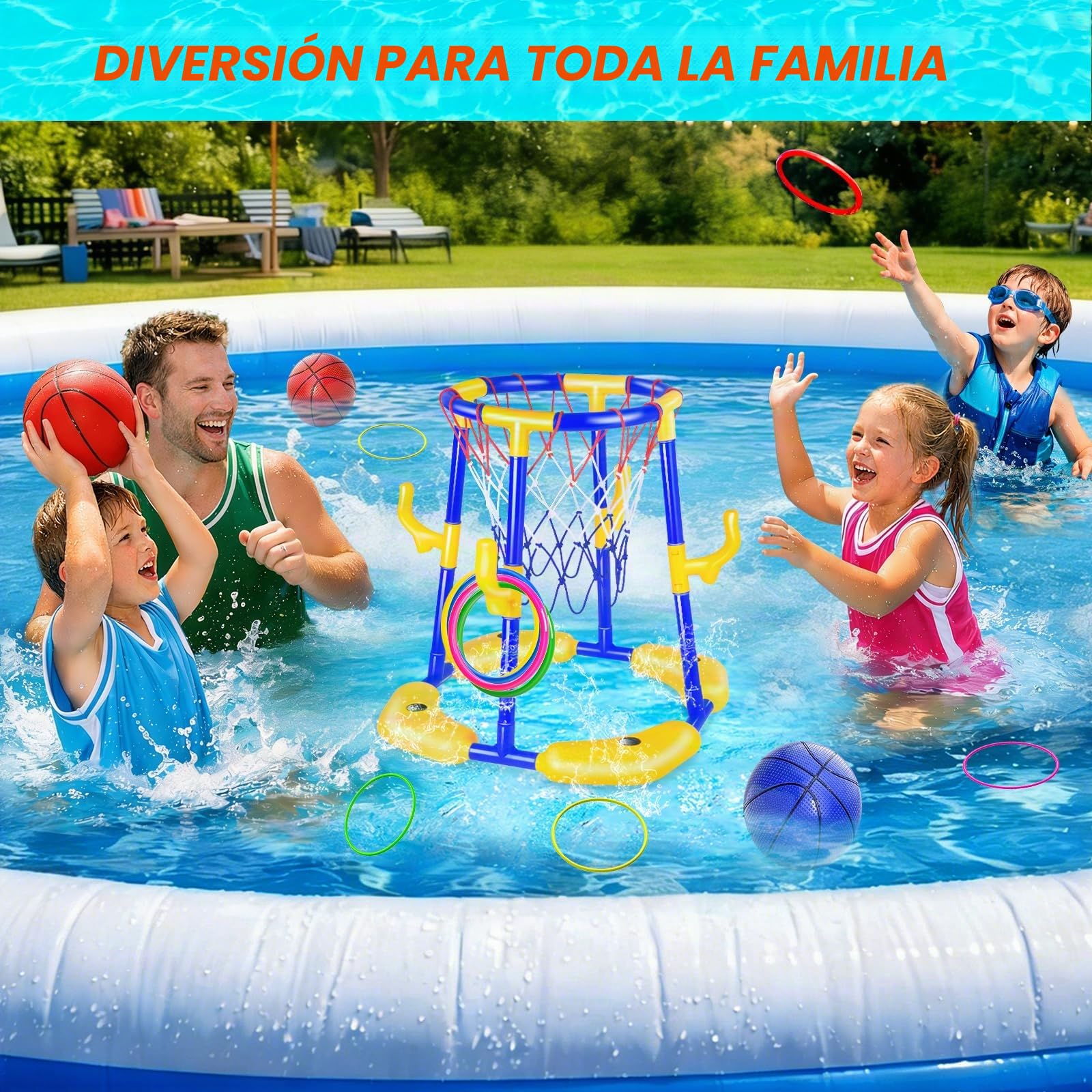 Set de canasta de baloncesto para piscina Doviden_Canasta de baloncesto flotante para piscina con 4 pelotas de agua, bomba y aros, juguete de piscina 2-en-1 para adultos, adolescentes/niños, juguete