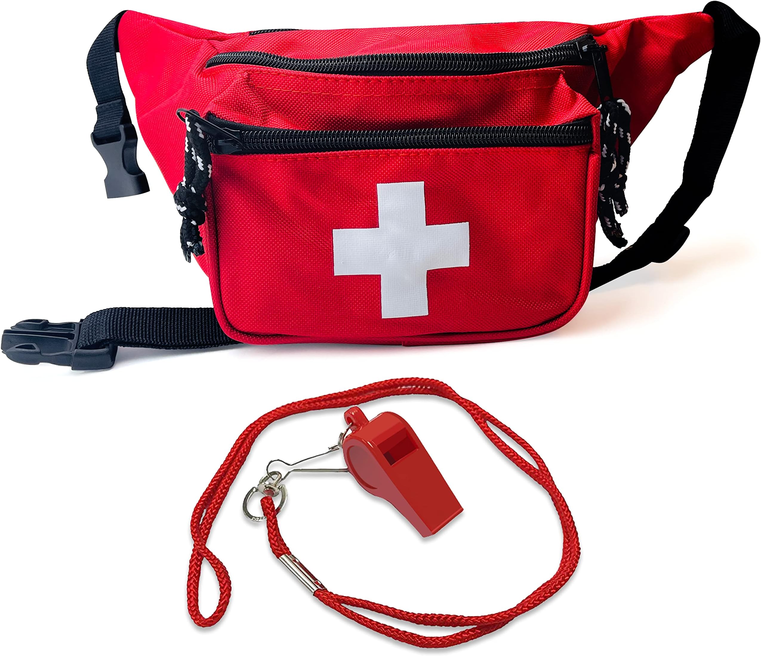 ASA TECHMED Lifeguard Fanny Pack with Whistle Lanyard - Baywatch Style First Aid Hip Pack w/Adjustable Strap, Cross Logo + Zipper Pouch, Emergency Equipment Set Red