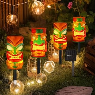 4 Pcs Tiki Solar Light Decor Outdoor Christmas Decorations Waterproof Tiki Statues for Outdoor Hawaiian Party Solar Light for Luau Birthday Party Tropical Bar Christmas Garden Yard Decor