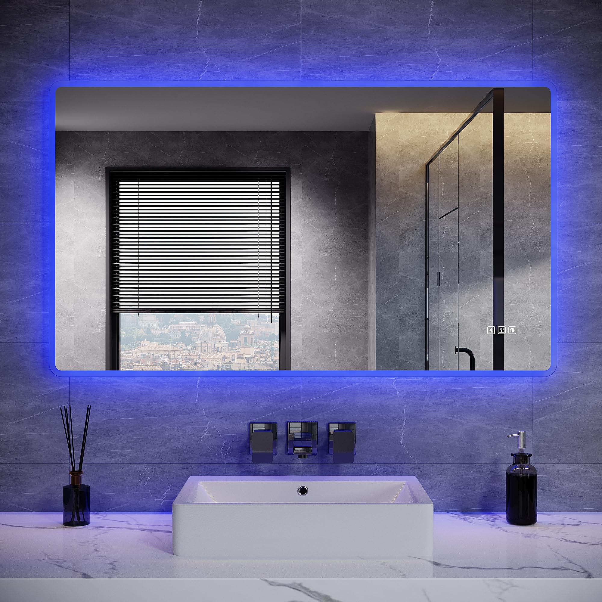 ELEGANT Blue Atmosphere Bathroom Mirror with Lights and Shaver Socket, Bluetooth Wall Mounted Mirror with 3 Colors Dimmable, Anti-Fog, Touch Sensor & Memory Function, Horizontal/Vertical 120x70cm