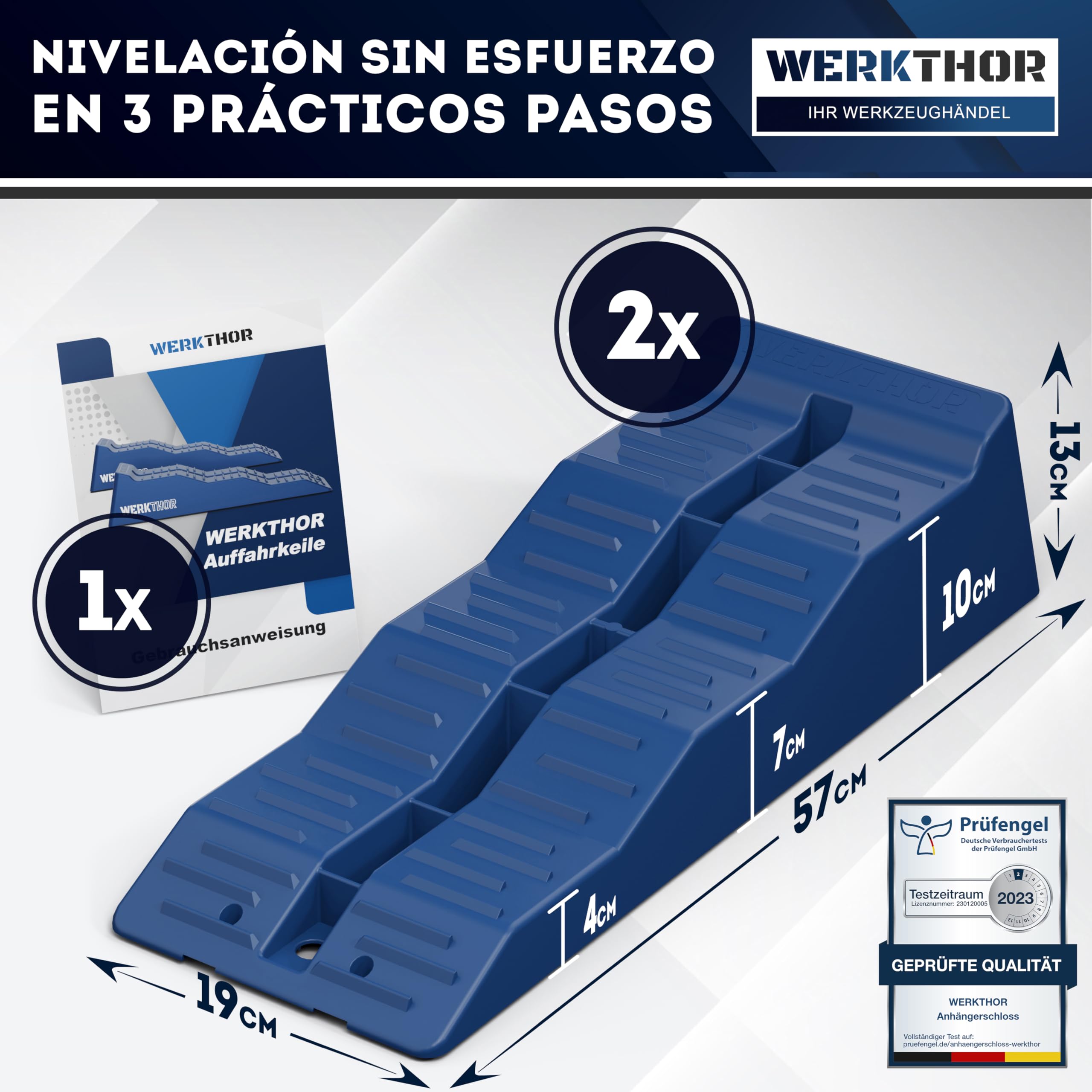 WERKTHOR Cuñas para autocaravanas (azules) [juego de 2] | Cuñas estables para caravanas y autocaravanas <5t | Nivelación segura y diseño robusto para cualquier superficie