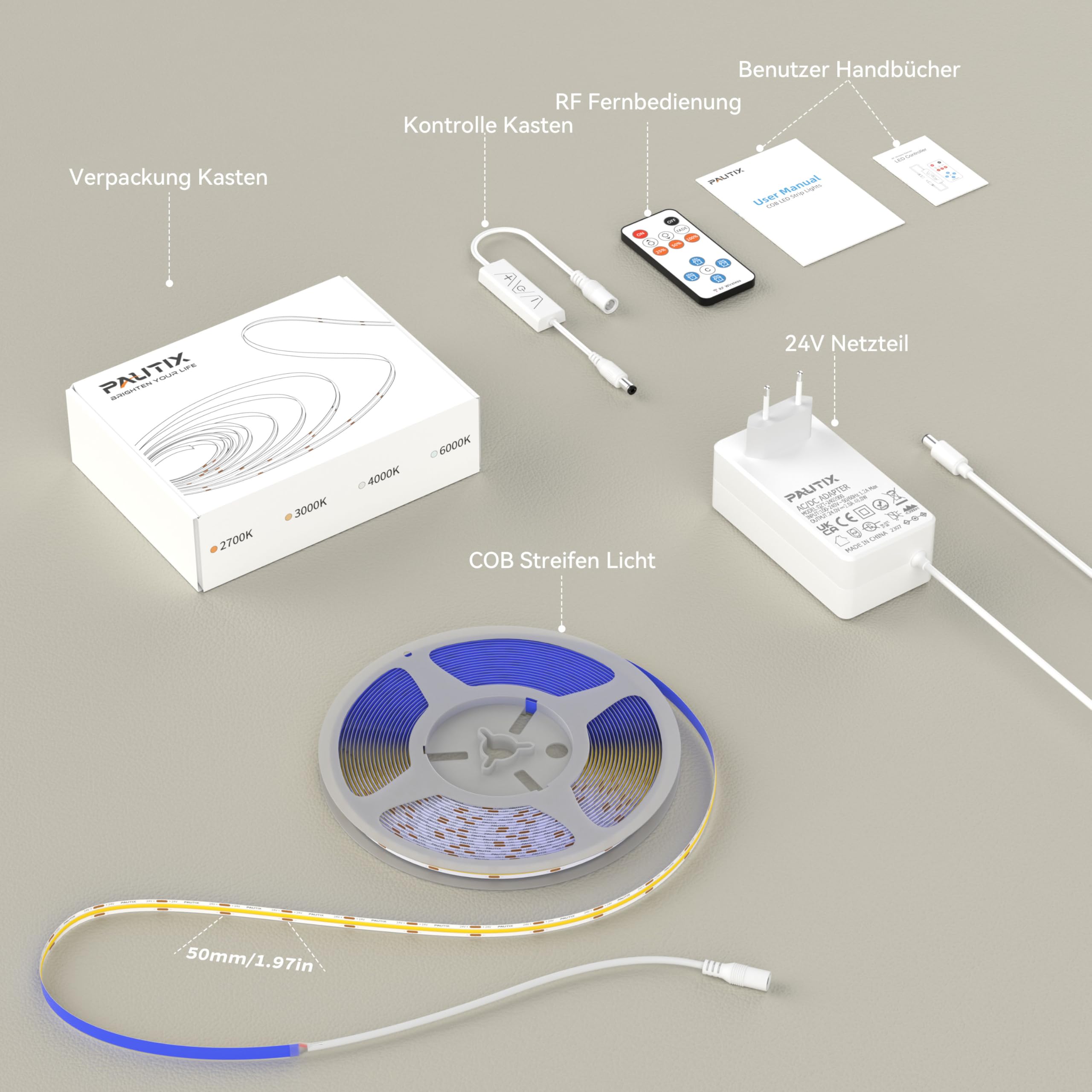 PAUTIX COB LED Streifen 2700K Warmweiss 5M,480LEDs/M Dimmbar 24V Weiß LED Streifen Licht Set mit RF Fernbedienung und Netzteil,CRI93+ Hell Unterbauleuchte für Home DIY Dekoration Timerfunktion.