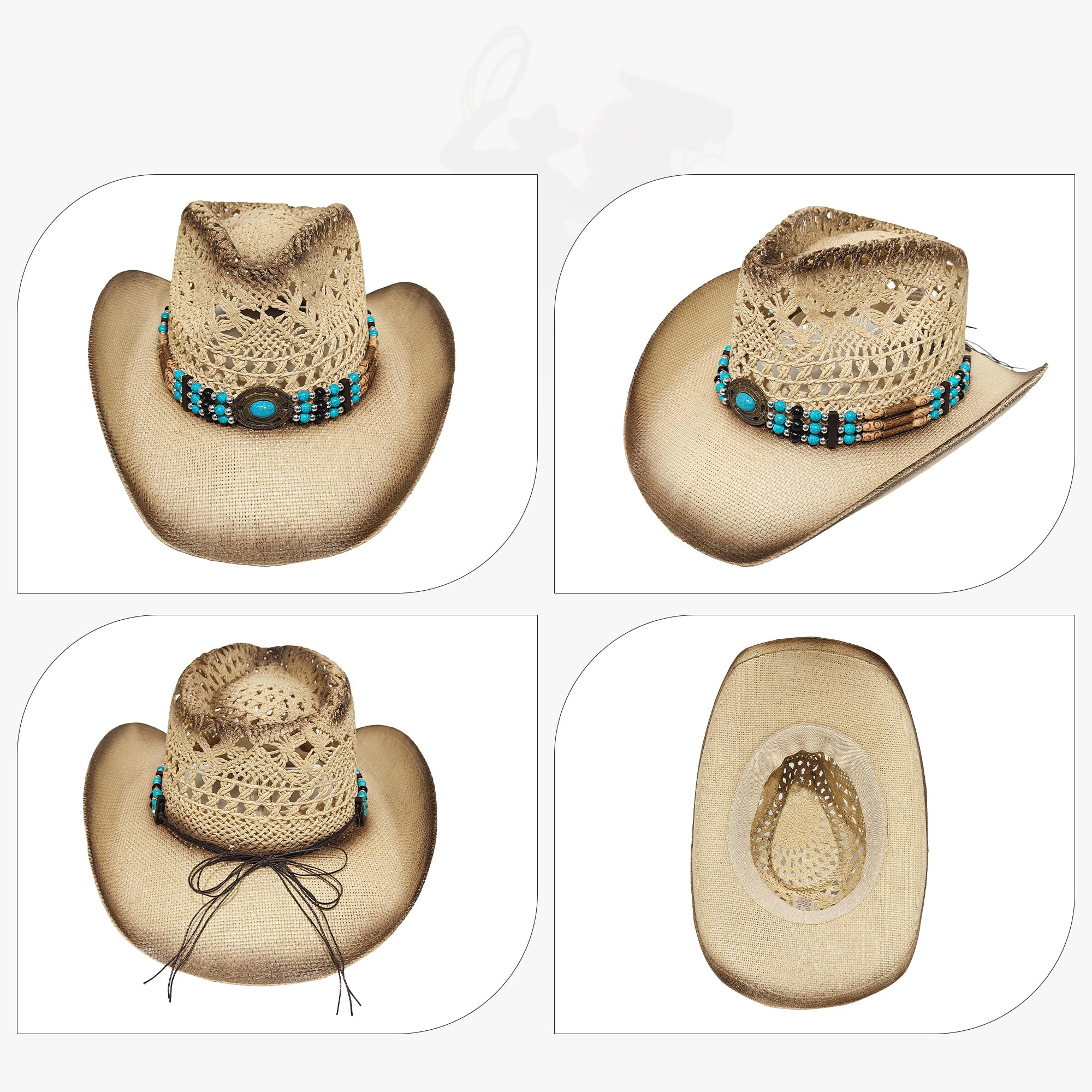 Wildarms Cappello da cowboy in paglia occidentale, traspirante, cappello estivo a trama aperta, per esterni, rodeo e festival