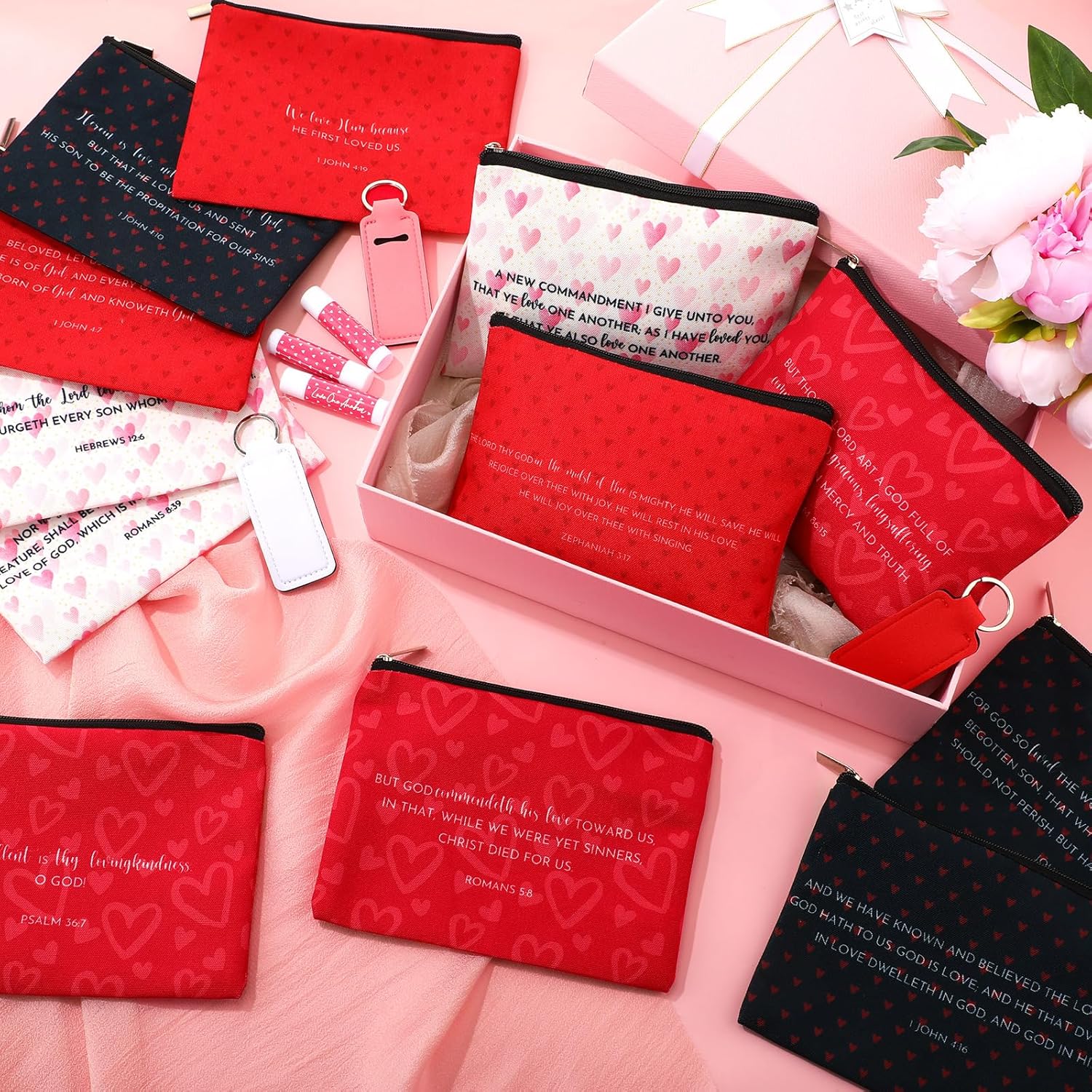 Yinkin 12 Pcs Christian Valentine's Day Makeup Bags Bulk Christian Gifts for Women John 3: 16 Bible Verse Cosmetic Bags Pencil Pouch Inspirational Religious Prize Award for Church Sunday School Favor