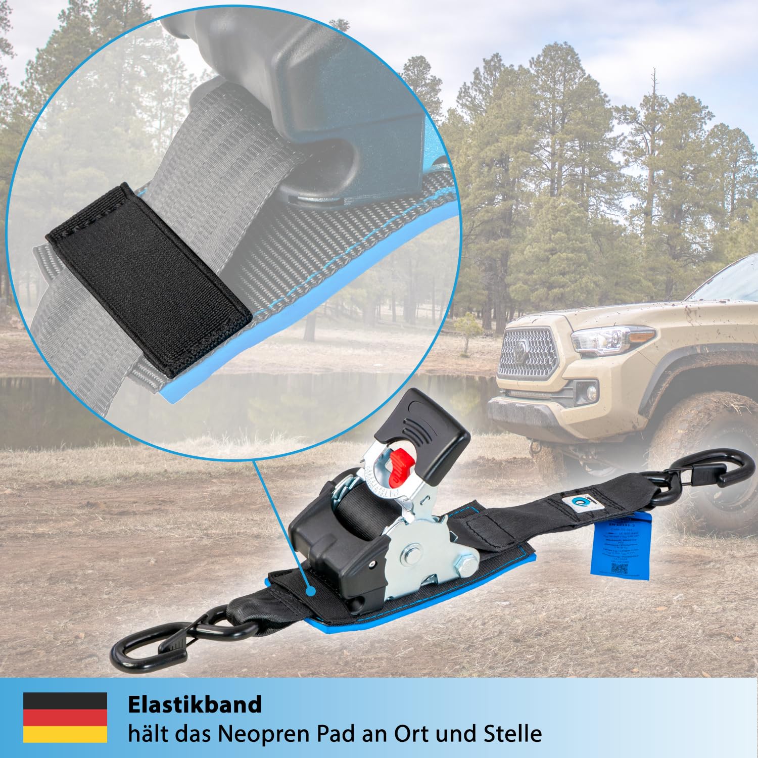valonic Tanuki - 2X 3m XXL Automatik Spanngurt mit Haken, gepolstert, Blaue Fahne, 50mm, 650/1300Kg, EN-12195-2, mit Ratsche - Spanngurte Automatik, Zurrgurte für Motorrad, SUP, Auto schwarz