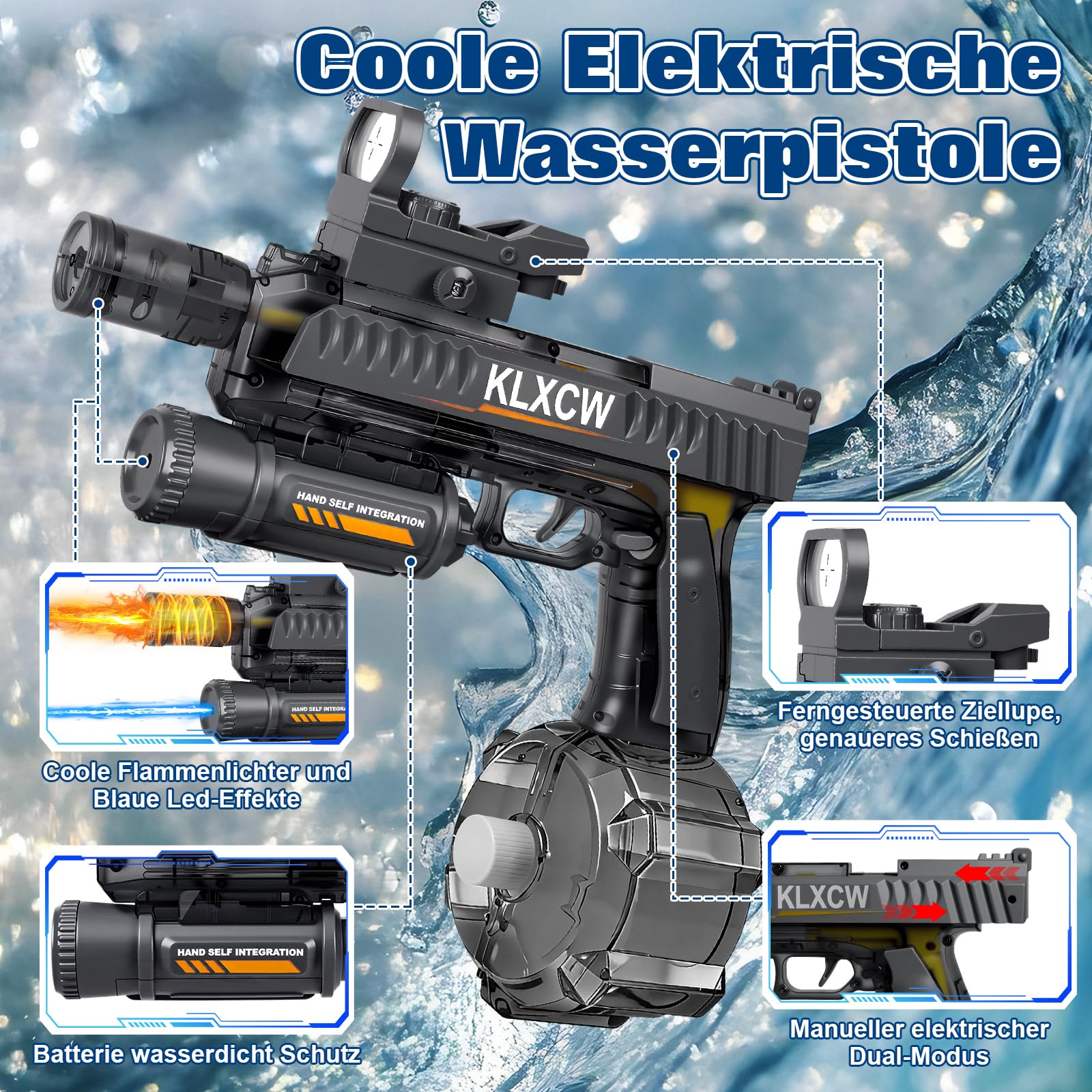 IEEILULU Wasserpistole Elektrisch, Elektrische Wasserpistole mit Licht, Electric Water Gun mit 750ml Großer Inhalt, Ideal für Wasserpistolenschießspiele (Schwarz-2)