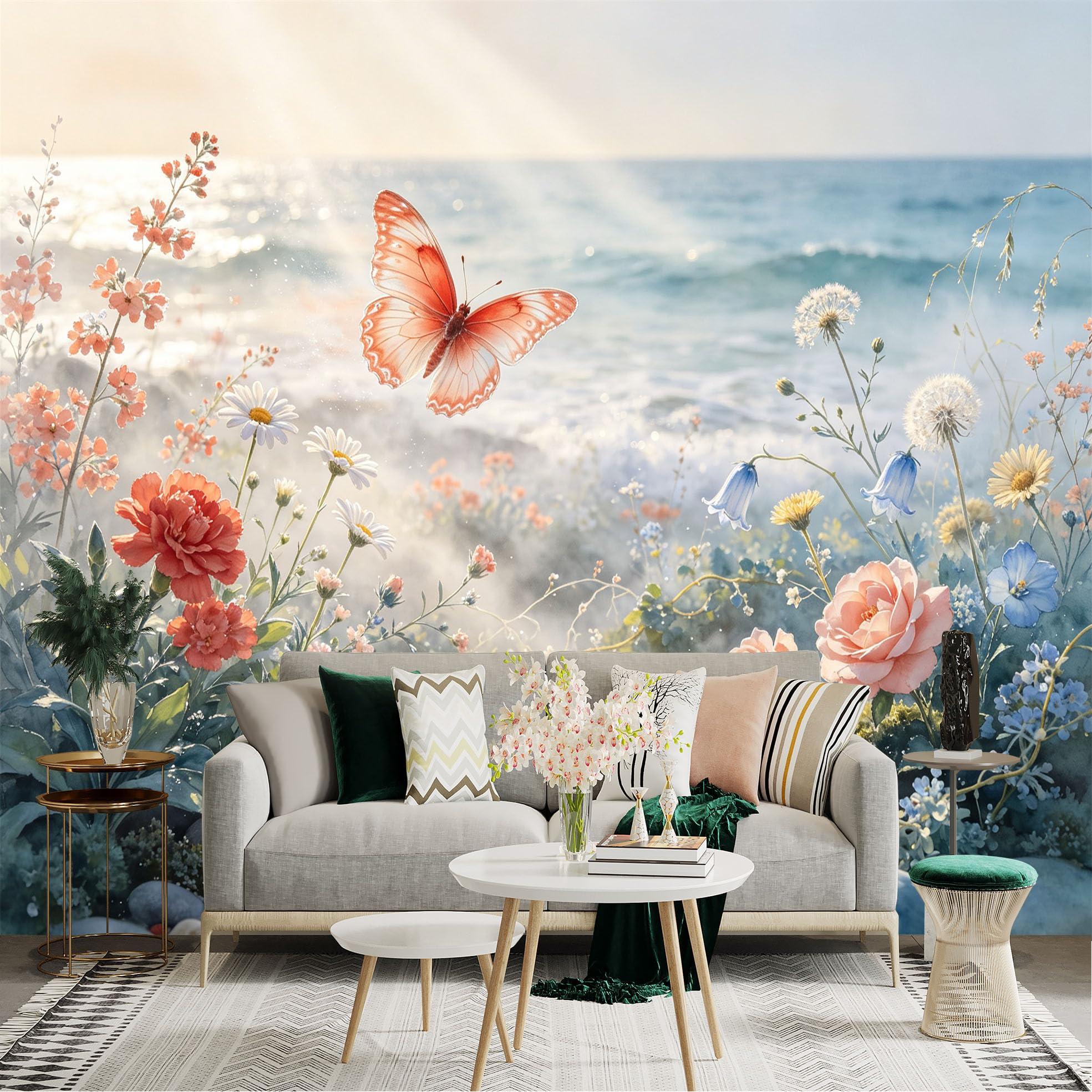 Lnzczhyre Bh260719274 Custom Size Wall Sticker Mural， Orange Butterfly， Coastal Flowers， Pebble Beach， Ocean Sunset View， For Wall Decoration， Peelandstick Wall Decals.