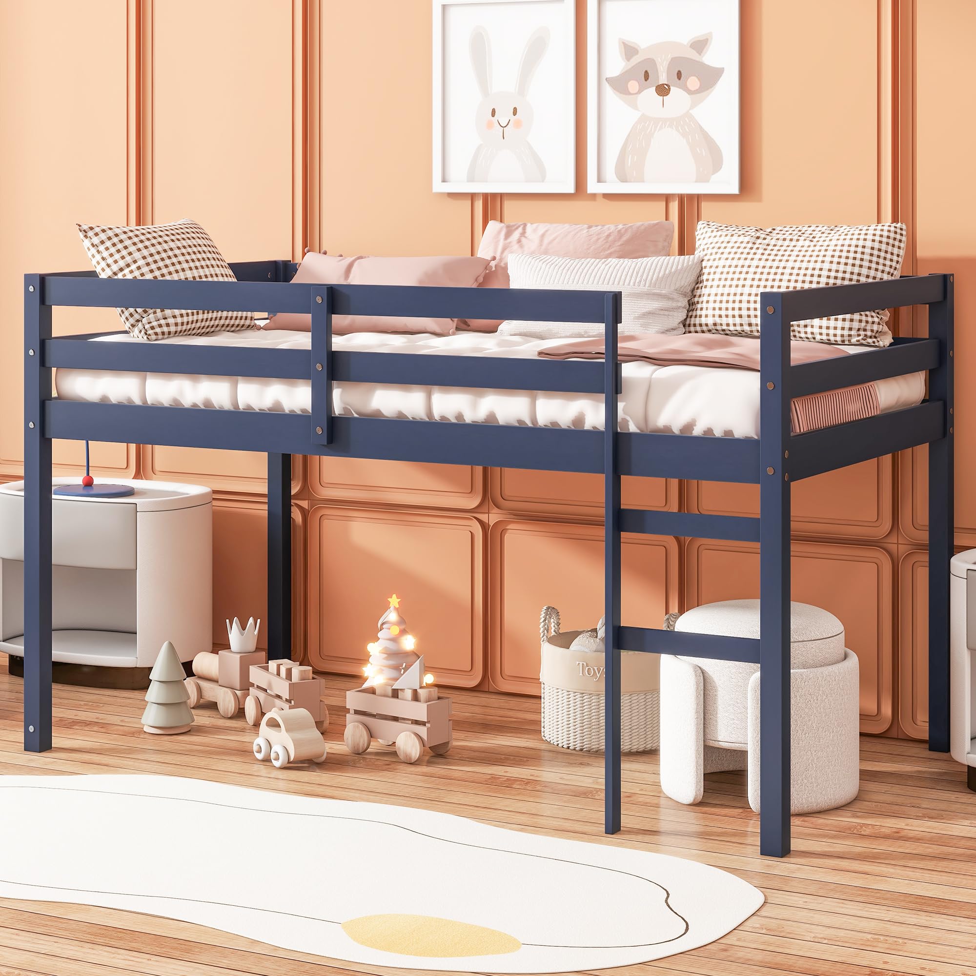 Twin Size Low Loft Bed,Kids Loft Bed with Ladder,Solid Wood Low Loft Bed Twin Size for Girls Boys,Blue