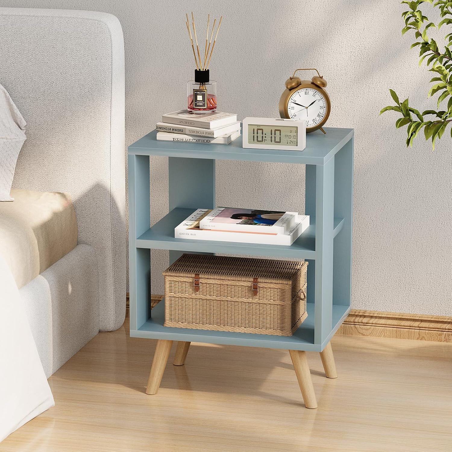 Huhote Kids Nightstand, 2-Tier Night Stand with Open Storage, Modern Side Table for Bedroom, Study Room, Small Spaces, Blue