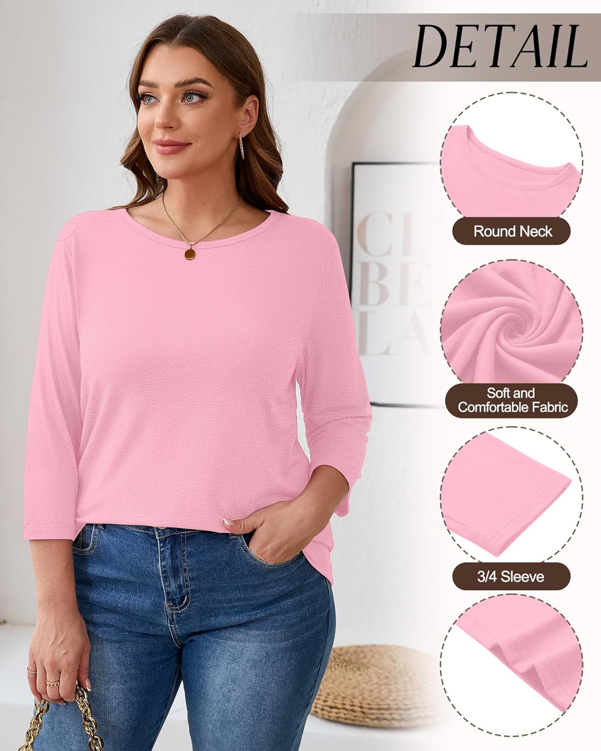 Ficerd 3 Pack Plus Size 3/4 Sleeve Tops for Women Round Neck T-Shirt Trendy Basic Tee Cozy Loose Blouse XL-5XL - Image 5