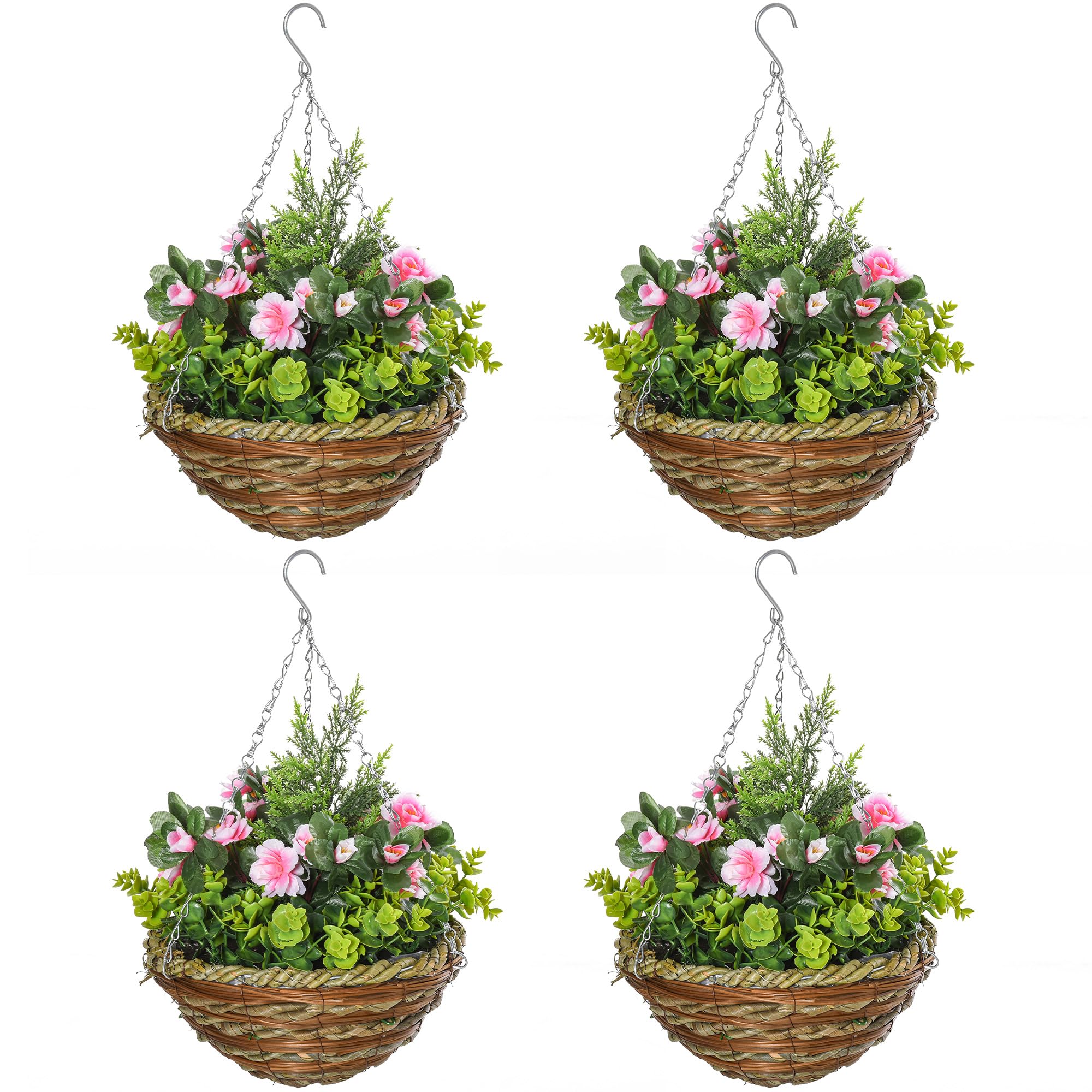 Outsunny Pink Pack Of 4 Faux Plant Artificial Lisianthus Flowers Hanging Planter With Basket For Indoor Outdoor Decoration,