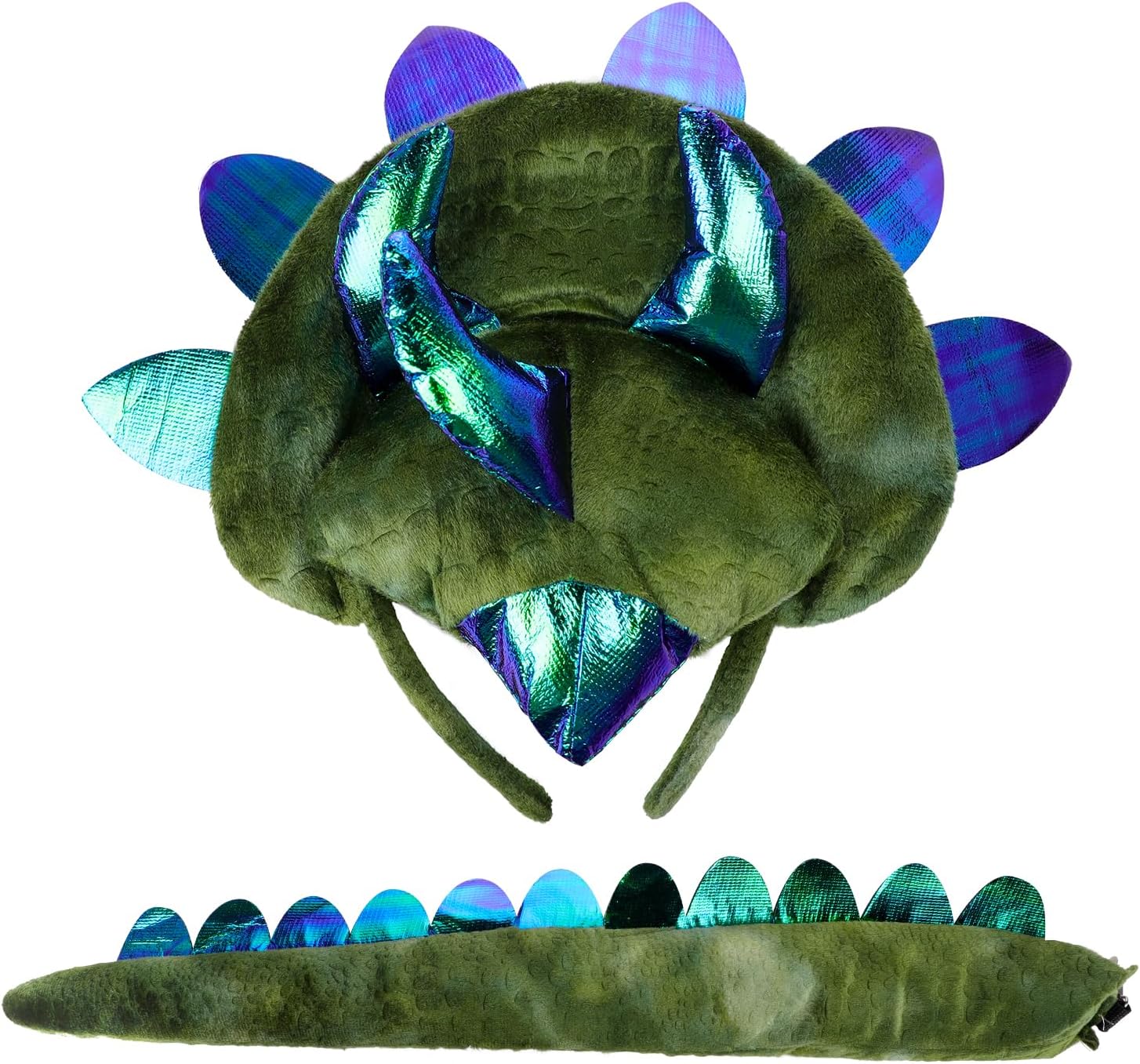 Lovely Dinosaur Costume Headband and Tail Set - Plush Dragon Headpiece with Tail for Adults Cosplay Accessory