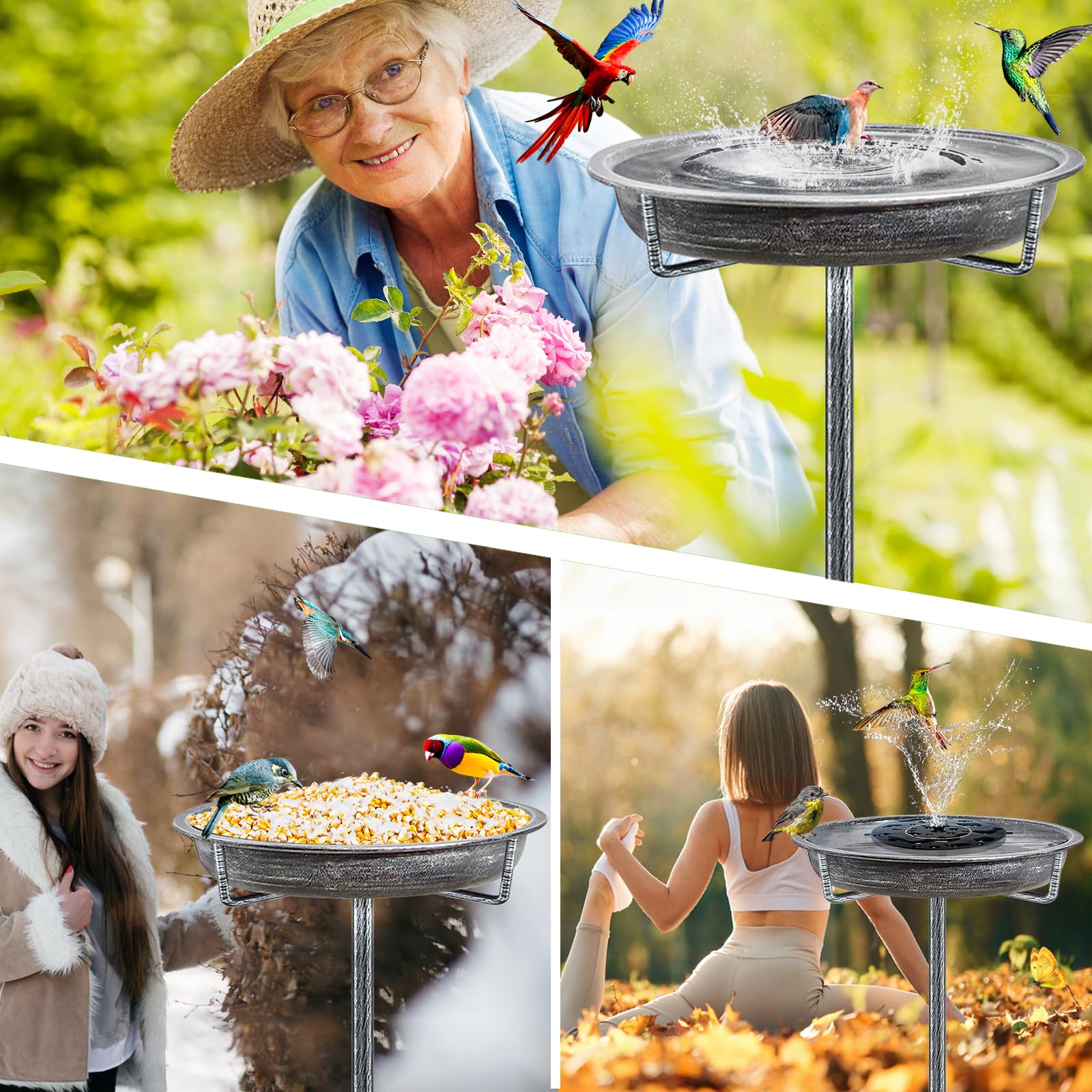 Abbeveratoio per Uccelli, Mangiatoia per Uccelli Selvatici, 92 x 27.5 cm, in Metallo, Decorazione da Giardino per aiuole o balconi (Argento retrò)