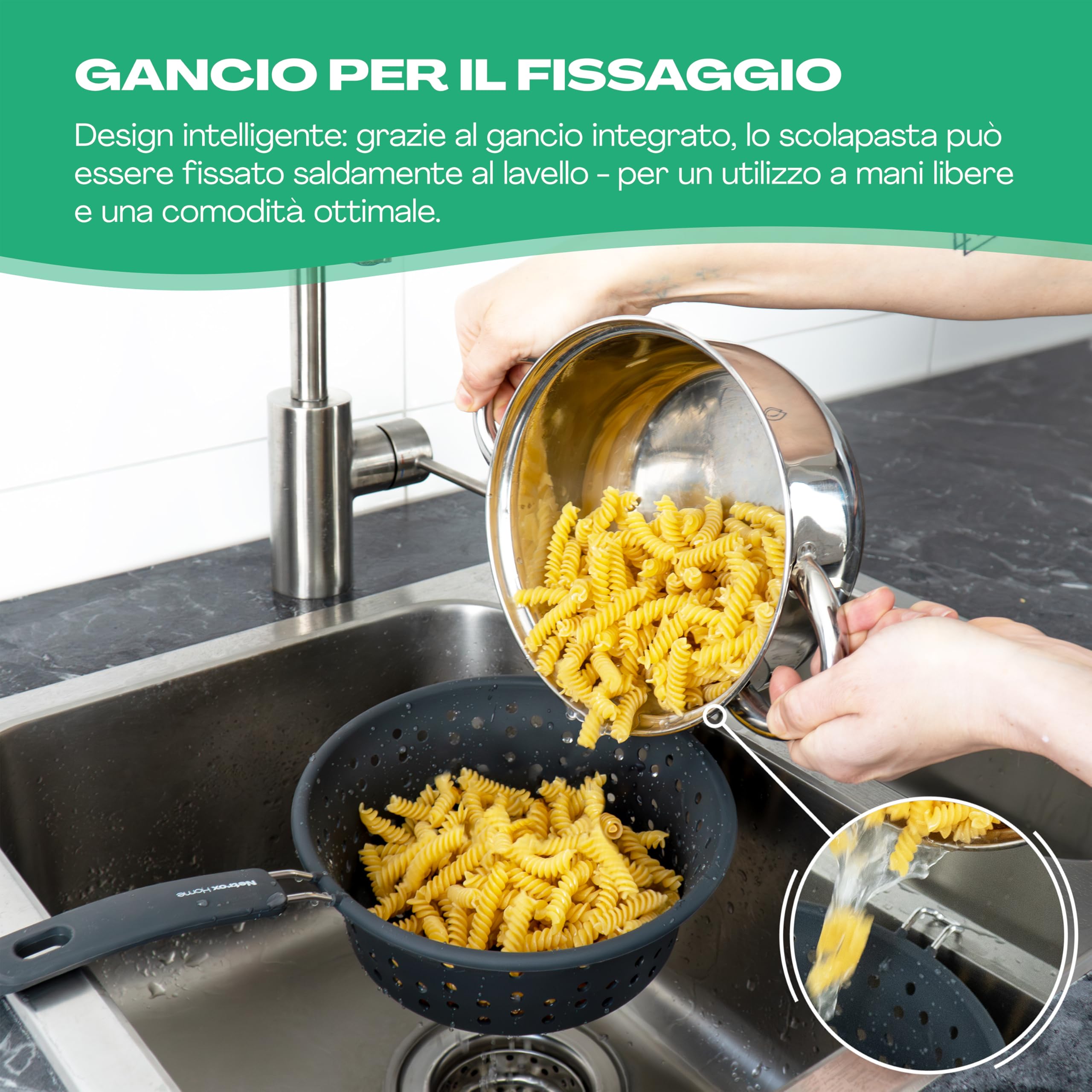 Netrox – Colino da cucina pieghevole in silicone Adatto per alimenti, lavabile in lavastoviglie e senza BPA Scolapasta per pasta con manico per pentola