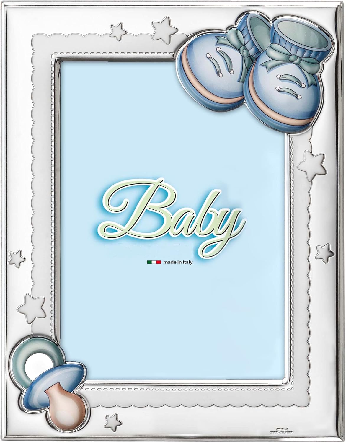 STERLING SILVER Picture Frame BABY SHOES. Made in ITALY (3.5" x 5") (BLUE)