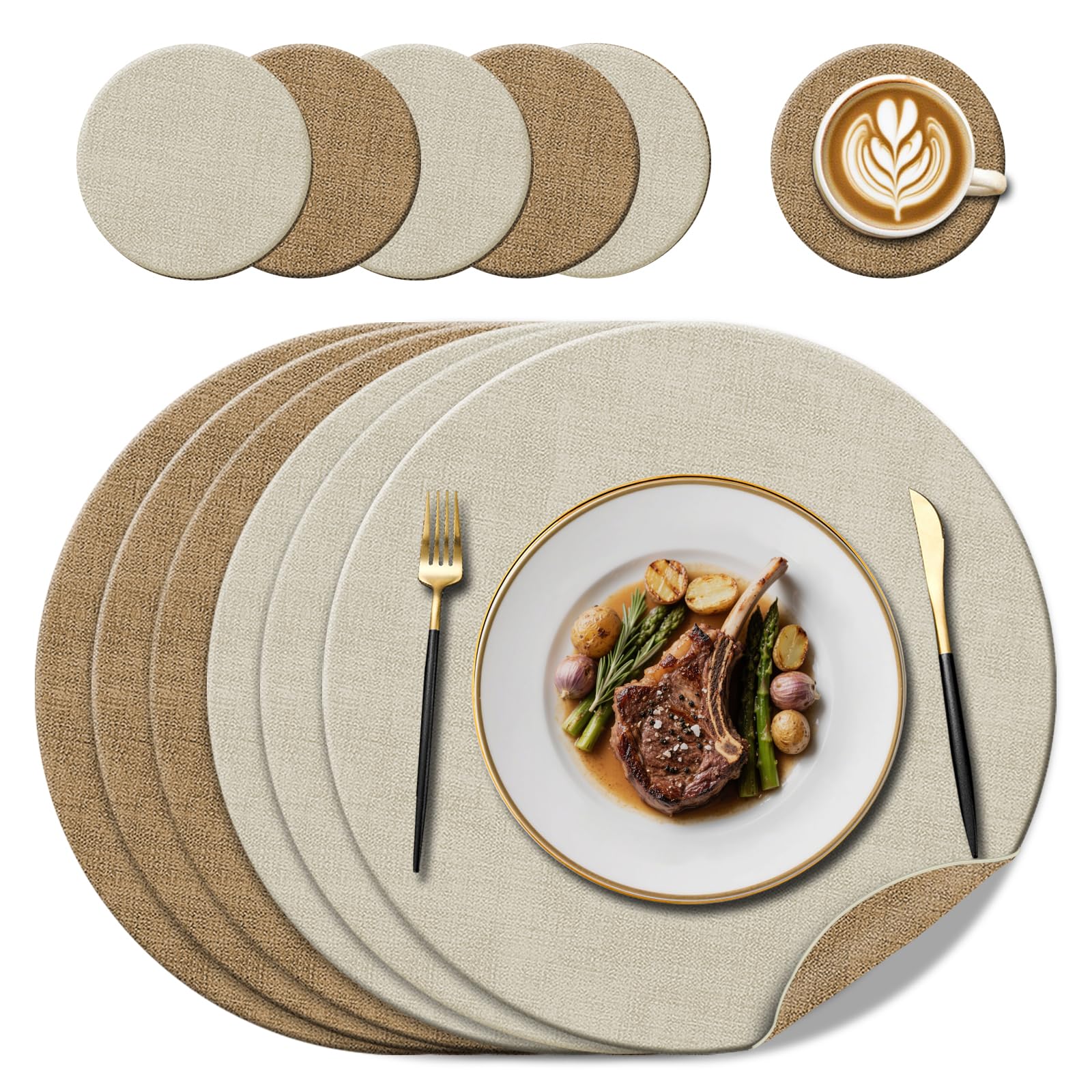 Lot de 6 Sets de Table Ronds en Cuir (38 cm) + 6 Dessous de Verre (10 cm), Résistants à la Chaleur, Antidérapants et Faciles à Nettoyer, Double Face pour Cuisine,Extérieur, (Crème/Beige)