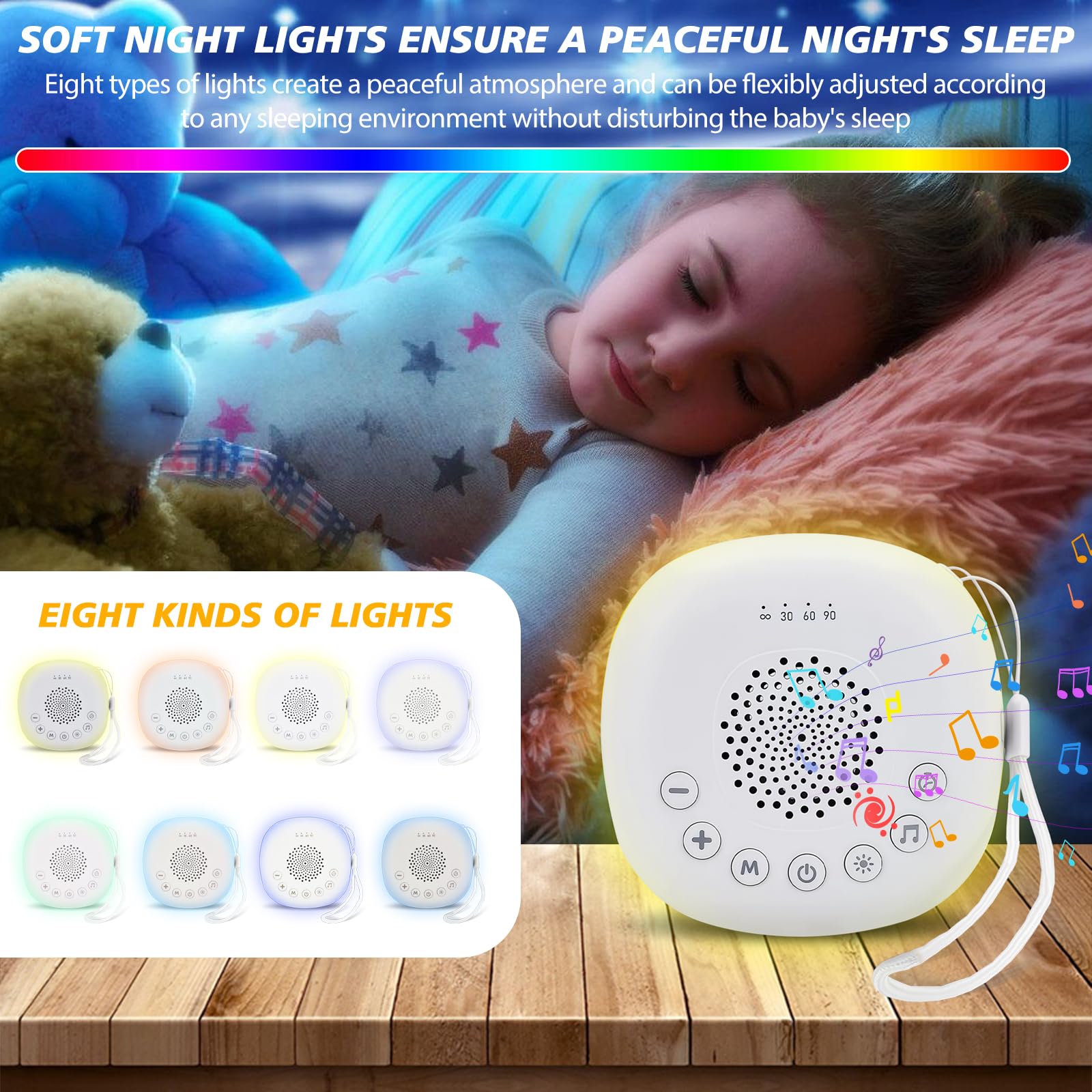 Machine à bruit blanc portable pour bébé avec veilleuse, aide à l'endormissement des bébés, appareil à bruit blanc avec 20 sons apaisants, rechargeable par USB, aide au sommeil pour enfants