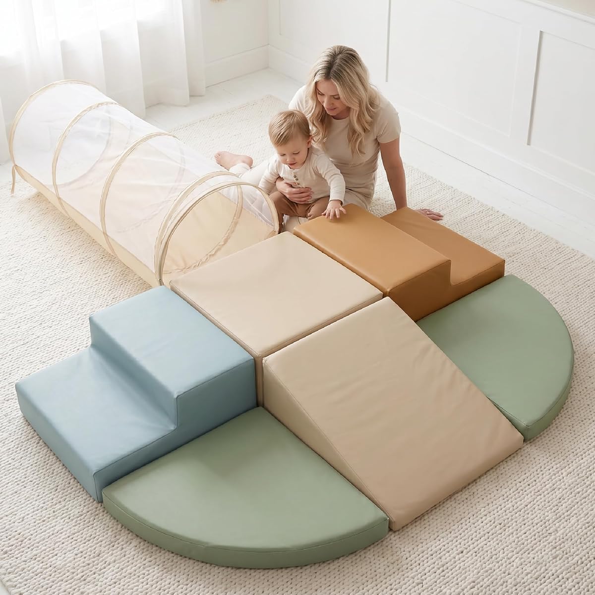 Divertido juego de juguetes para escalar para niños de 1 a 3 años: túnel de arrastre, bloques de espuma para escalar | Gimnasio de juegos con túnel para gatear y bloques de cuero de PU: diversión interior segura para que bebés y niños aprendan nuevas habilidades