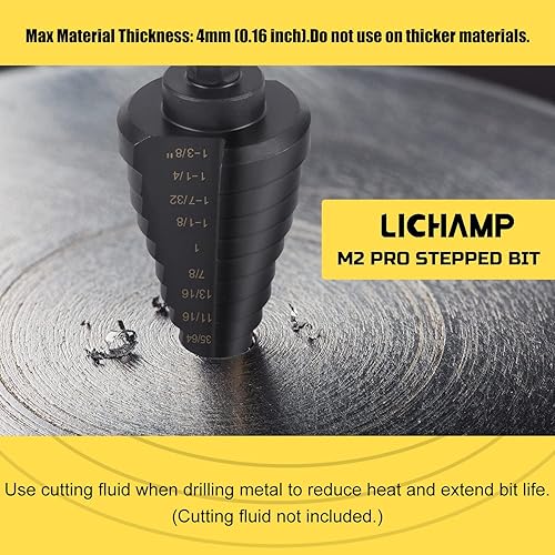 Miniatura 2 de Lichamp Unibit - Broca paso a paso para metal, broca paso a paso auténtica M2 para metal duro resistente, 11 tamaños de 14 a 1-38 pulgadas, doble