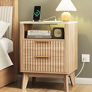 Fixwal Fluted Nightstand with Charging Station, Large Side Table with 2 Wood Drawers for Bedroom, Mid Century Modern Bedside Table, Faux Marble Top, Natural Oak, 17.7 x 13.7 x 23.6in