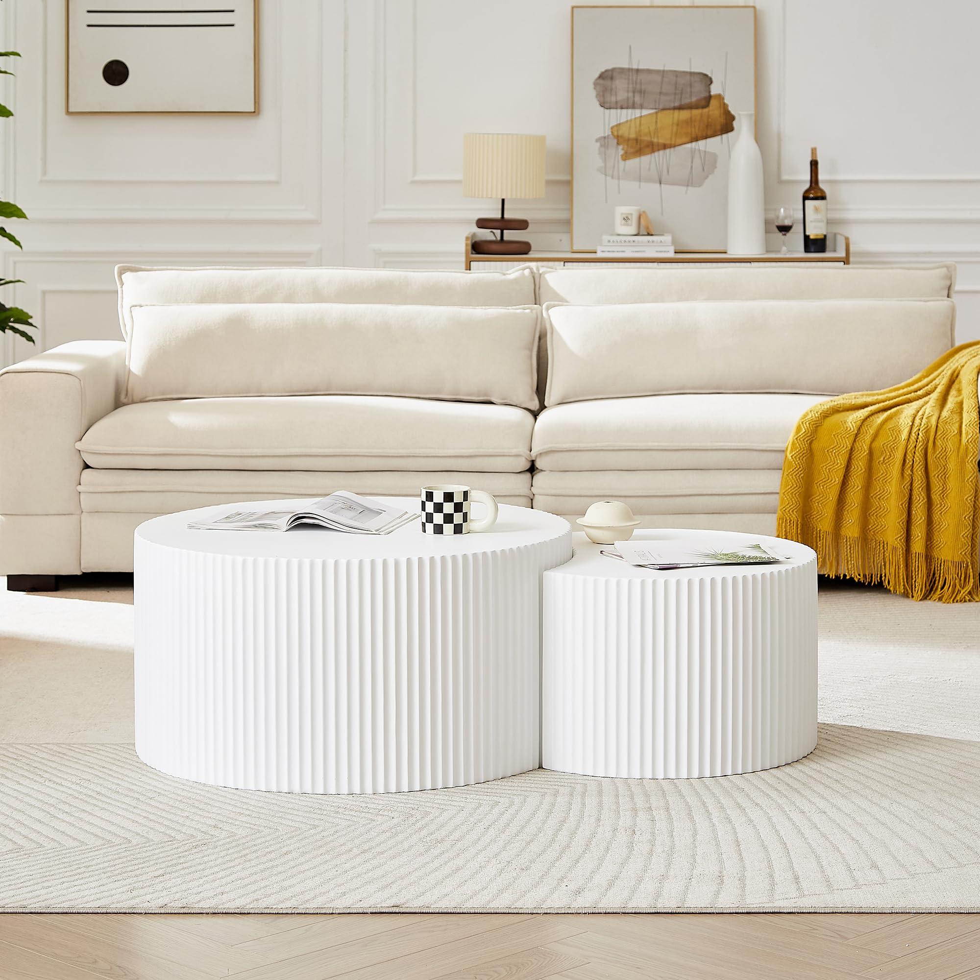 LyuHome Nesting Coffee Table Set of 2, Modern Round Coffee Table End Table Set for Living Room, Wood Circle Drum Side Table,White