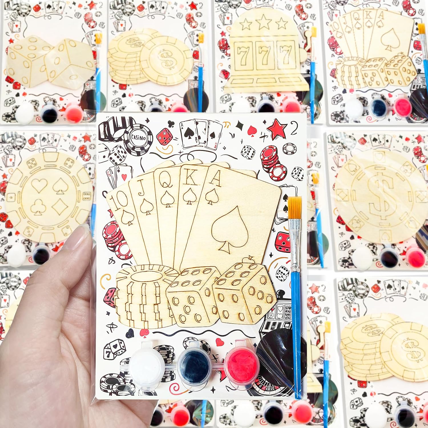 Pre-Packed Casino Party Favors: 12 PCS Casino Themed Party Favors Wooden Painting Craft Kits with Cards - Casino Night Party Decorations Stuffers Gifts Supplies for Kids Adults