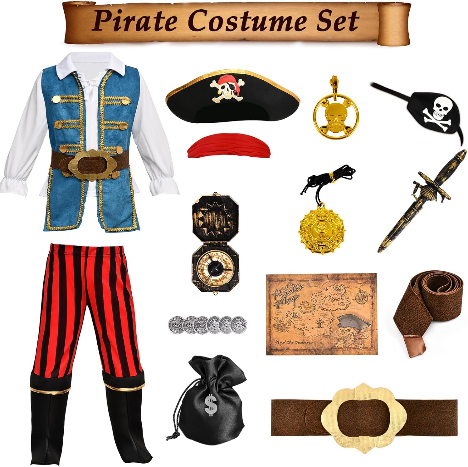 G.C 19 Pcs Kids Pirate Costume Toddler Pirate Accessories Hat Toys Jewelry Coins Boys Halloween Role Play Cosplay Gifts