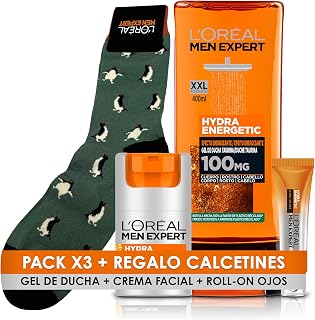 L'Oréal Mens Expert Hydra Energetic Moisturising Anti-Fatigue Cream 24H, Roll-On Eyes Ice Effect Anti-Bags and Anti-Eyelets, Shower Gel for Men Hydra Energetic