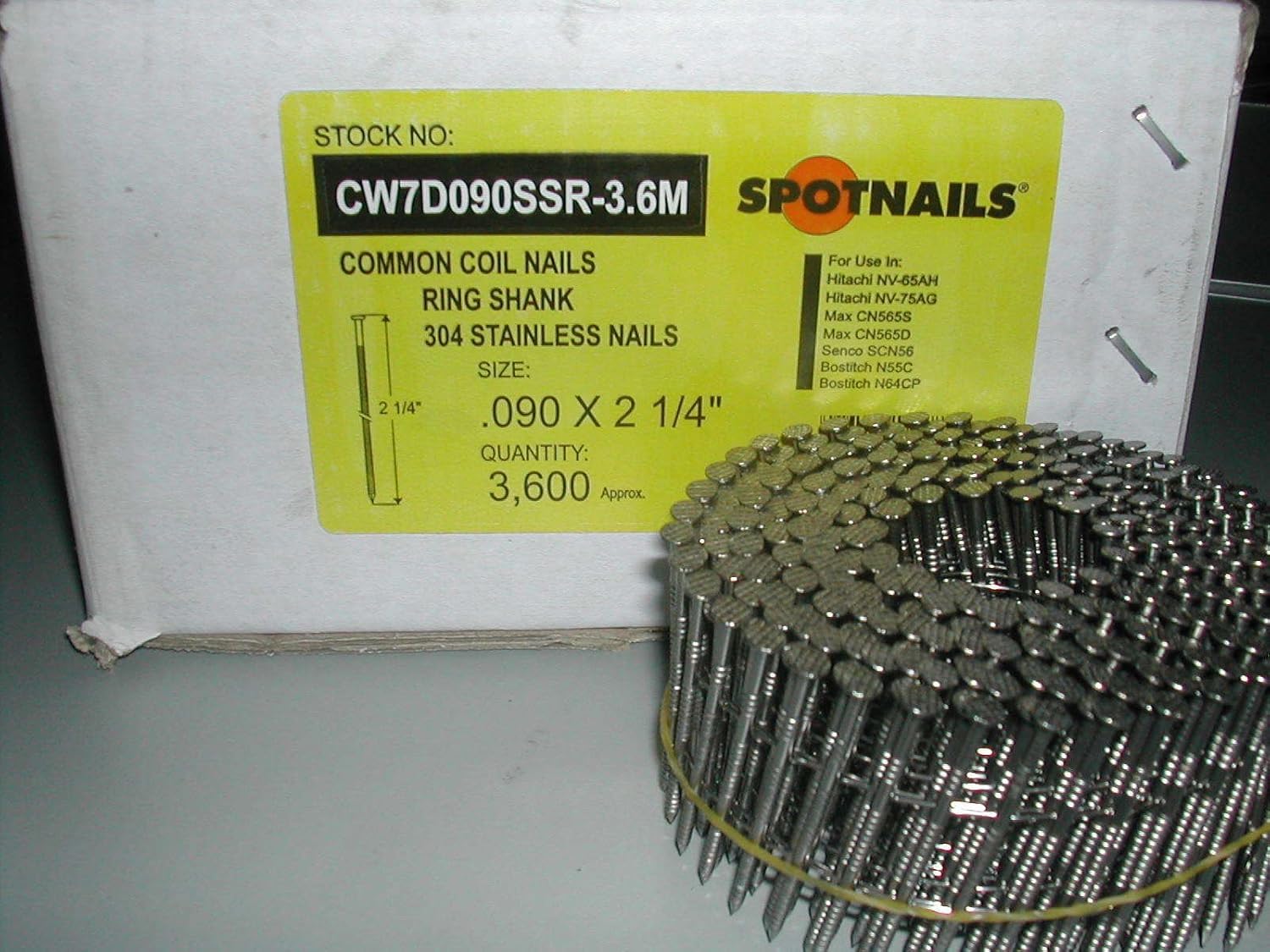 2 1/4 Coil Nails Ring Shank Stainless Steel 15 Degree Spotnails CW7D090SSR