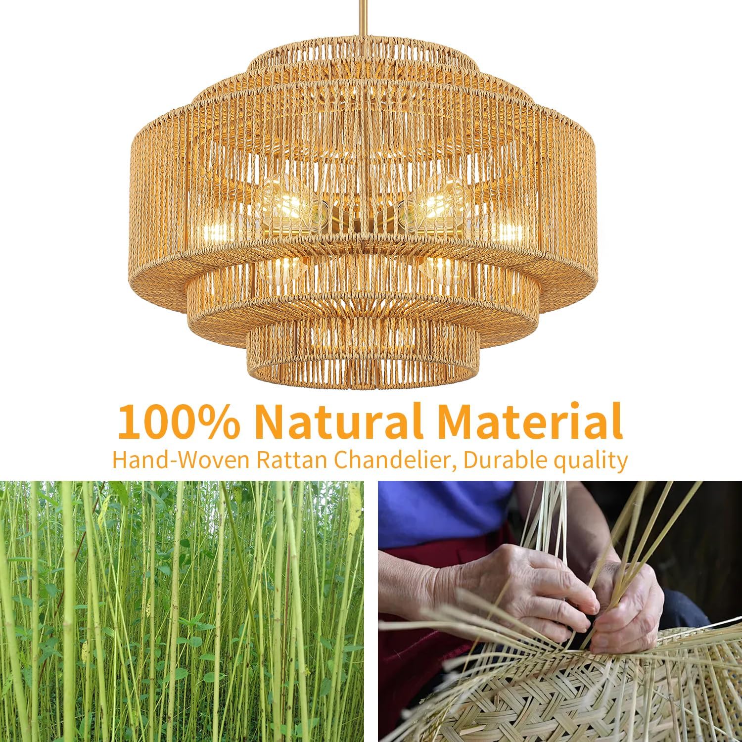 23.62" Large Boho Rattan Chandelier, Hand Woven Rustic Drum Light Fixtures, 6-Light Farmhouse Chandeliers for Dining Room Living Room Kitchen Island Bedroom Stairway
